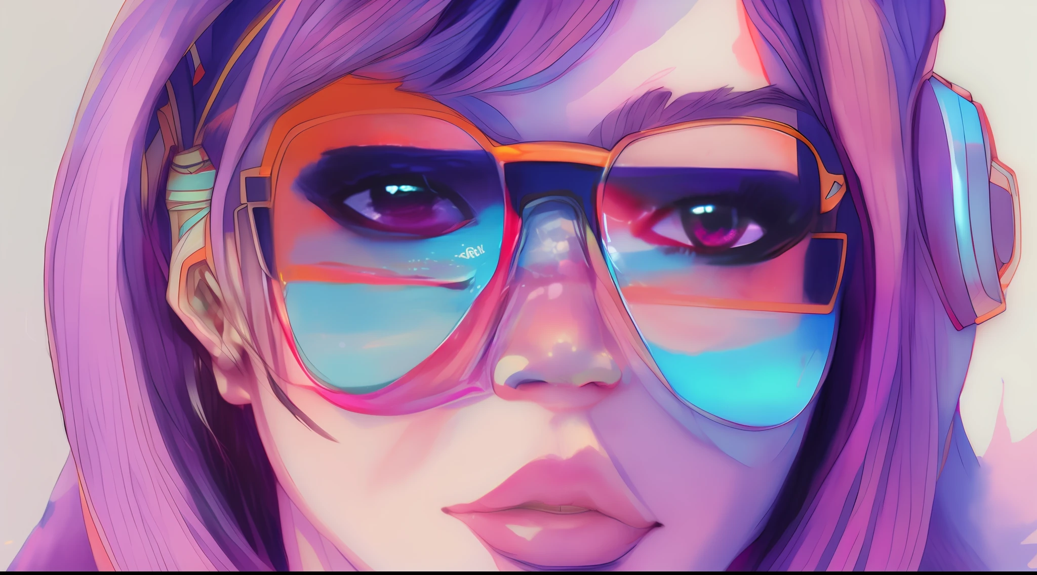 estilo wtrcolor, arte digital de (Retrowave beautiful woman with straight black hair with glasses and earphone character design), Arte Oficial, frontal, sorridente, obra-prima, Linda, ((Aquarela)), pintura facial, respingos de tinta, detalhes intrincados. Olhos detalhados e altamente detalhados, [pingando: 0,5], trending on ArtStation, por Rachel Walker