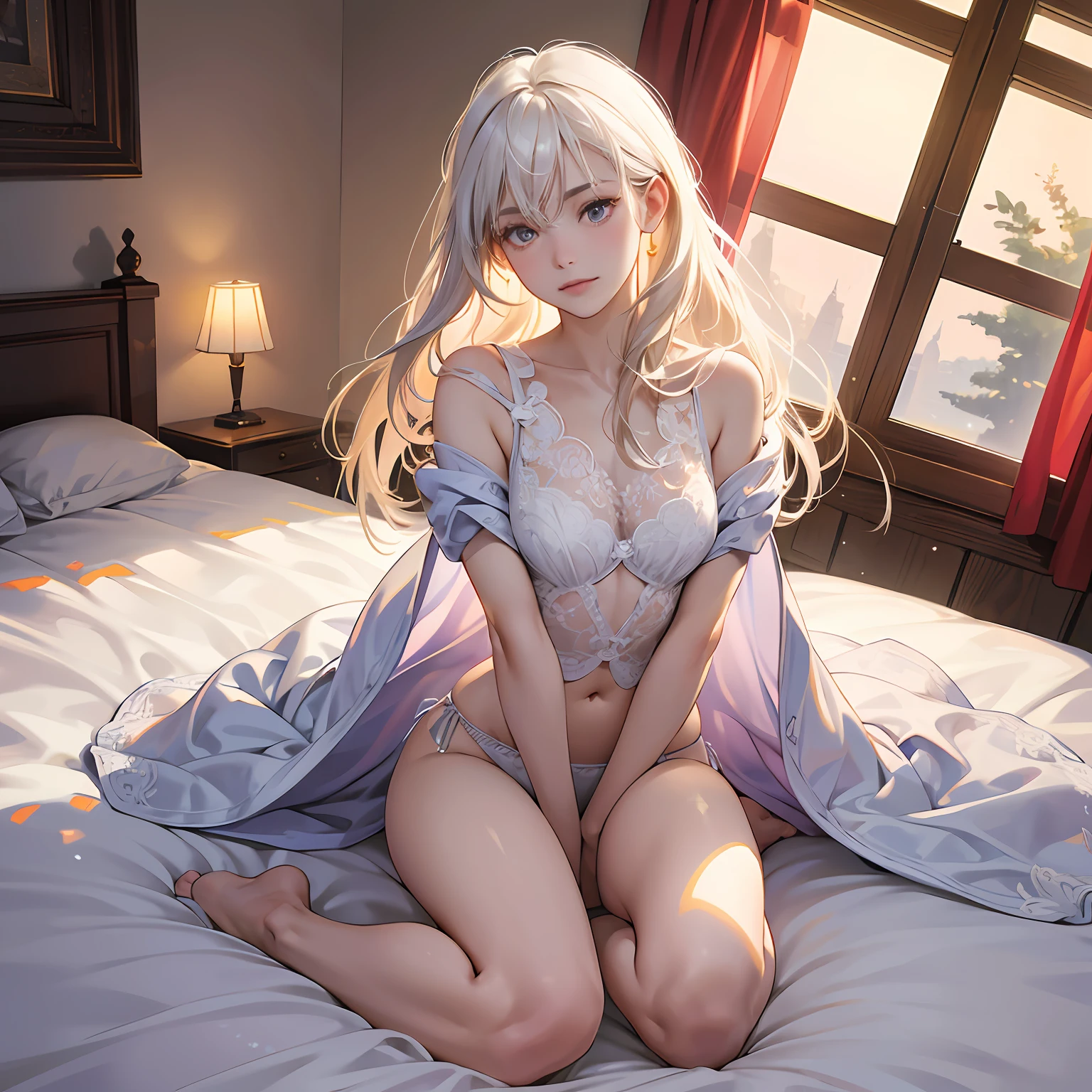 best qualtiy,tmasterpiece,超高分辨率,Authentic style,cold light,realistic illumination,RAW photogr,1girll,facing at the camera,long white hair,Joyful,Warm and open,delicated face,The body is curvy,Perfect anatomical physique,Lie flat on the bed,Full body photo,Arms spread wide,Invitation to bed,spread their legs,Camel toes,detail-rich,Show off transparent panties,Describe panties carefully,Strangle,detail-rich,Real lighting,Wear a chest wrap on the upper body,seminude,high high quality,Hands are naturally open,Beautiful posture --auto