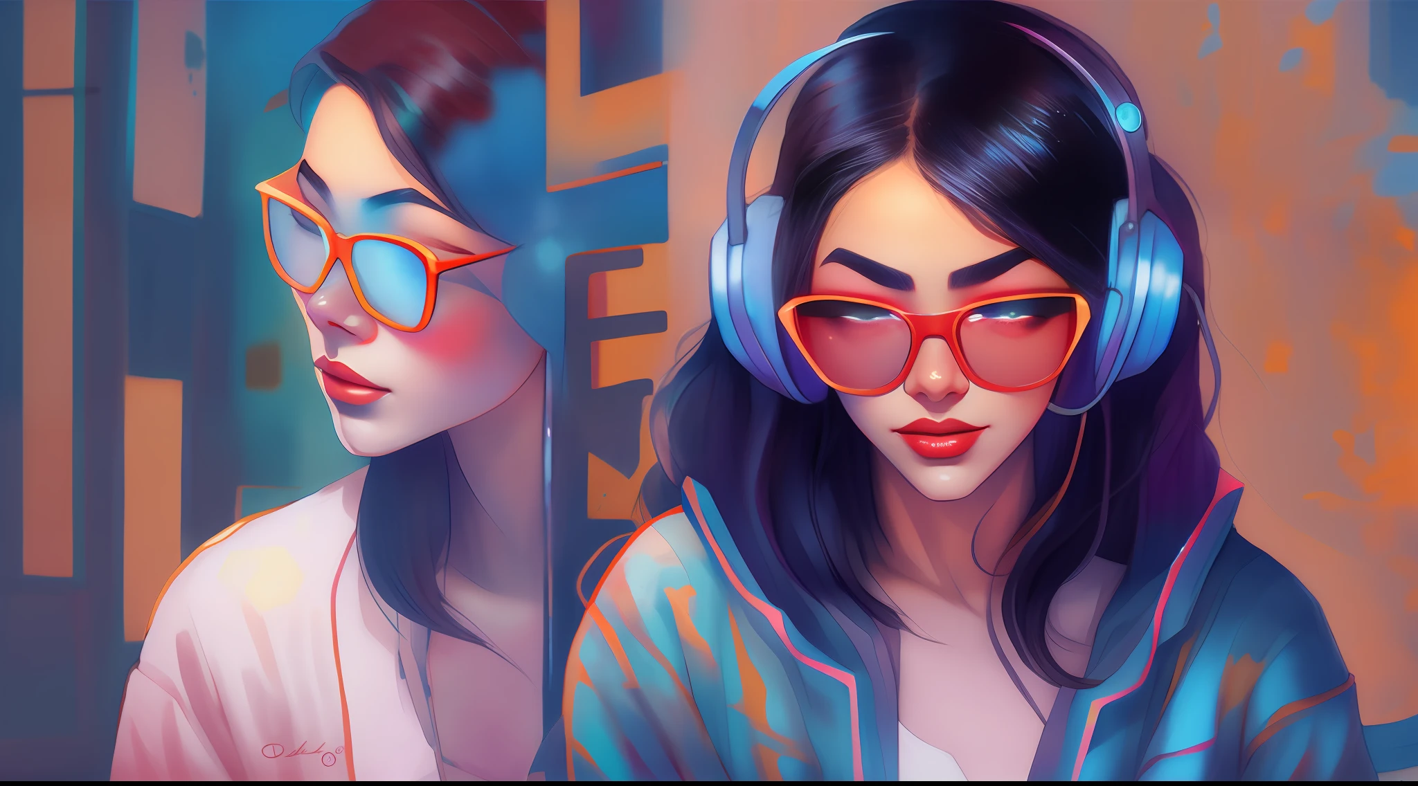 estilo wtrcolor, arte digital de (Retrowave beautiful woman with straight black hair with glasses and earphone character design), Arte Oficial, frontal, sorridente, obra-prima, Linda, ((Aquarela)), pintura facial, respingos de tinta, detalhes intrincados. Olhos detalhados e altamente detalhados, [pingando: 0,5], trending on ArtStation, por Rachel Walker