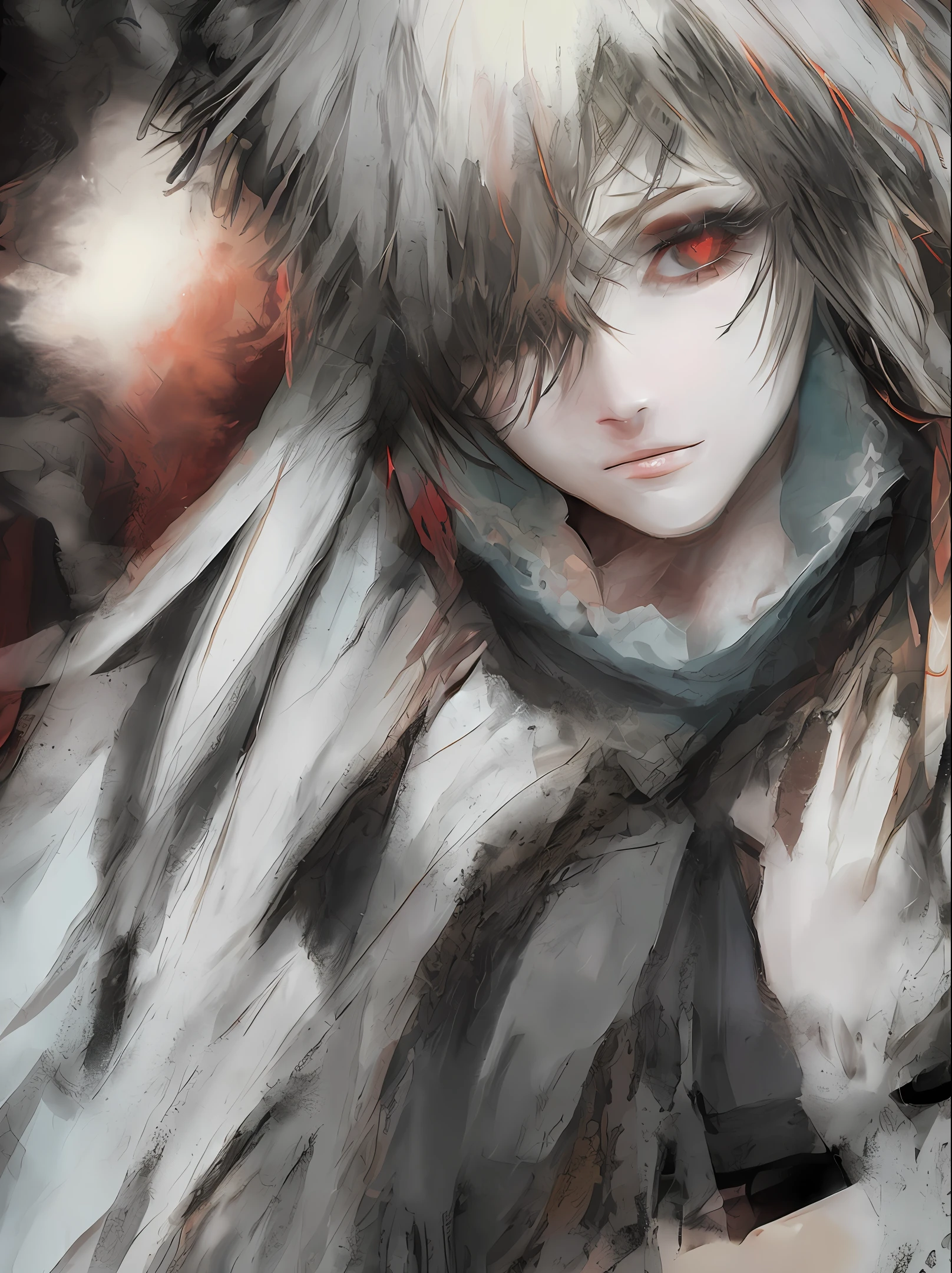 long crimson hair,The clothes are also crimson,It's male,It's not evil,The eyes are not red but cyan,Holding a crimson chainsaw