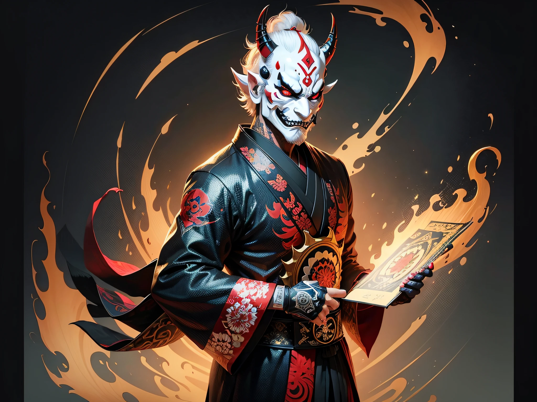 Hannya mask style of 0mib, illustrator, masterpiece, high quality, 8k, high resolution, high detailed, Japanese, samurai --auto