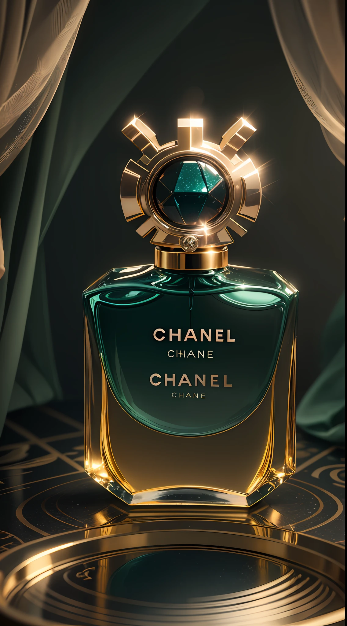 Dark green satin background，Luxury perfume bottle，cosmetics，chanel，gucci，C4D Visualizer，goldtrim，The light sensation is intense，best qualityer，9:16，Delicate portrayal，tmasterpiece。 --auto