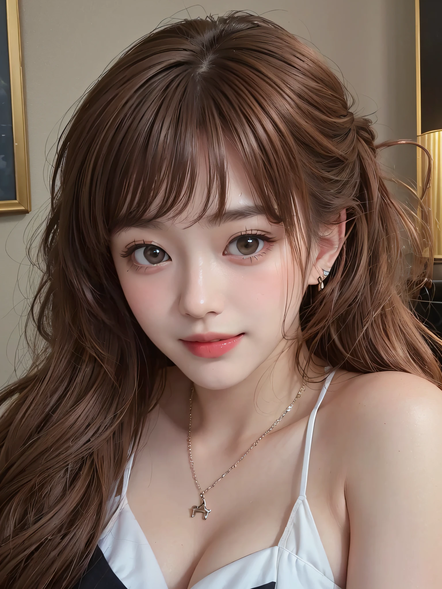 ((natta、Real Light、top-quality、8k picture、​masterpiece:1.3))、Beautiful girl with slender body type:1.4、(Brown hair、huge-breasted:1.8)、(complex dress:1.5),Lying in bed、hyperdetailed face、A detailed eye、二重まぶた、Dark eyeliner、huge smile、Beautiful teeth alignment、Look at viewers、耳Nipple Ring、Small necklace、Bracelet、Blushing cheeks、