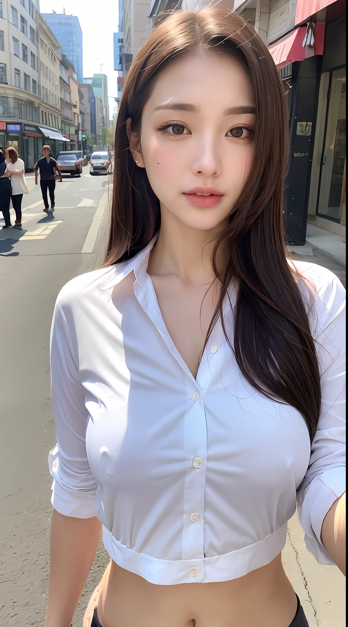 ((best qualtiy,8k,tmasterpiece:1.3)),Clear focus:1.2,one pretty woman,perfect body figure:1.4,Slender abs:1.2,(dark brown hair,:1.2)),(White button up long shirt:1.1),the city street:1.2,Highly Detailed Face and Skin Textur,Detailed eyes,二重まぶた,Pink
