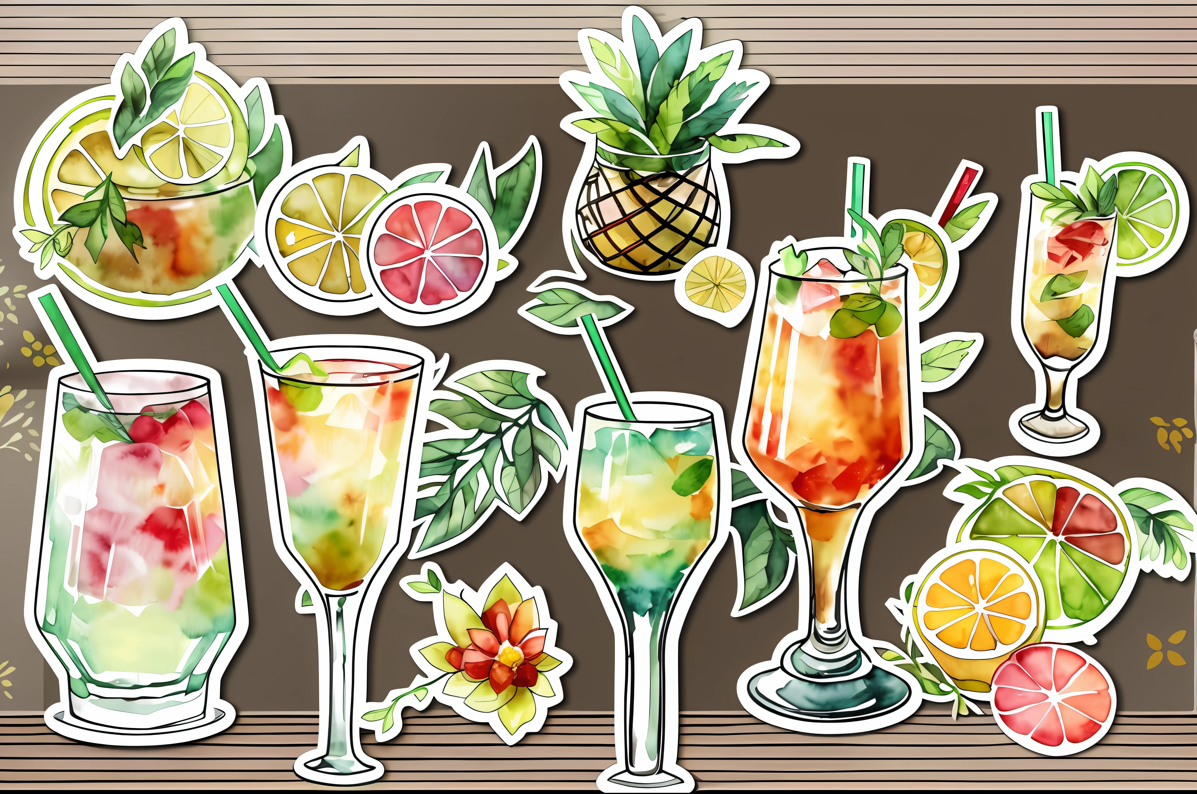 sticker sheet mocktails, Watercolor Clipart, white background, no background, isolated on white, variations, sticker sheet, planner stickers