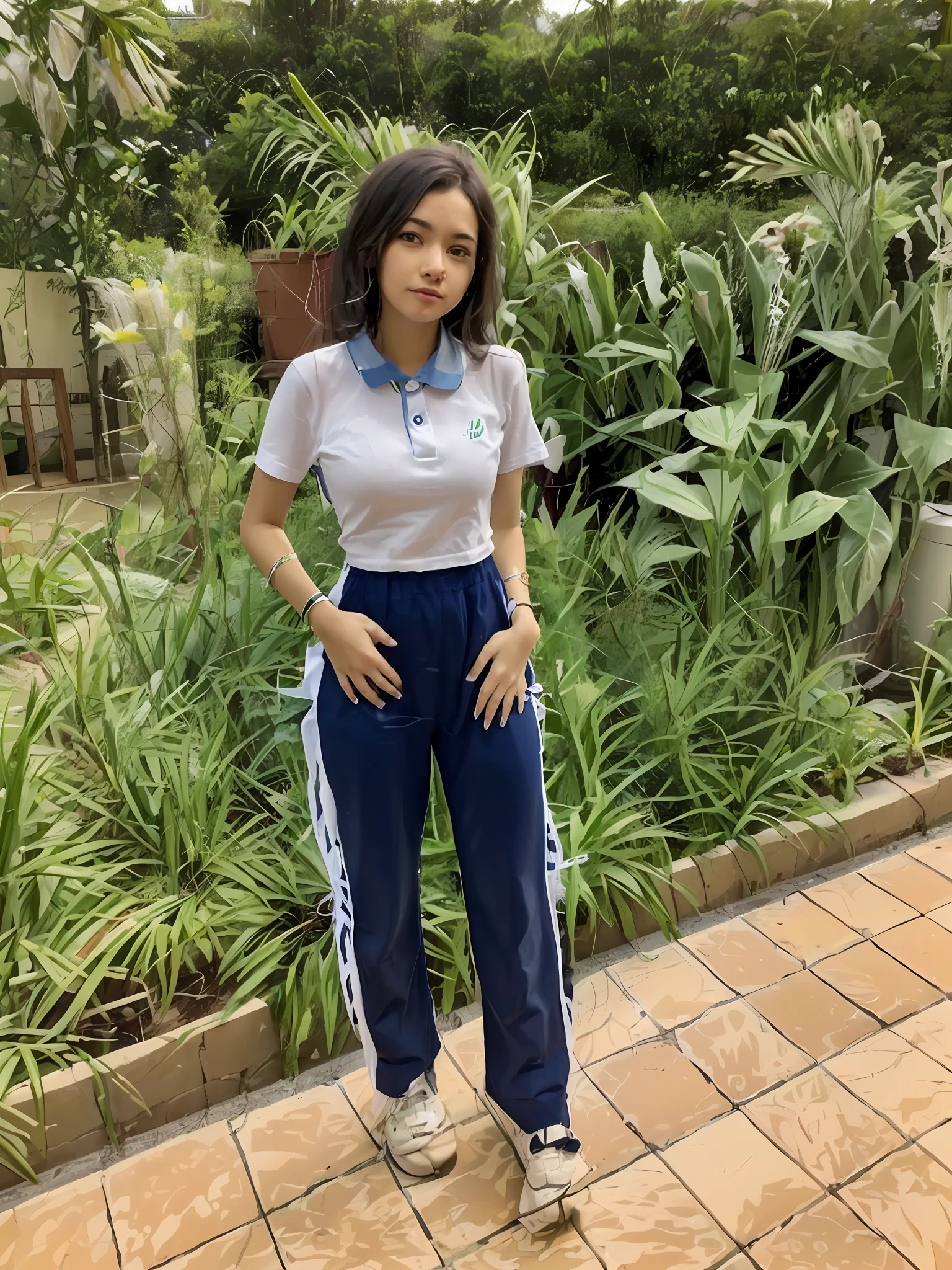 there is a woman standing in front of a garden with plants, full body picture, frontal pose, full body photogenic shot, casual pose, with lovely look, with a cool pose, satisfied pose, full body pose, attractive pose, she is about 1 6 years old, full body cute young lady, she is about 2 0 years old