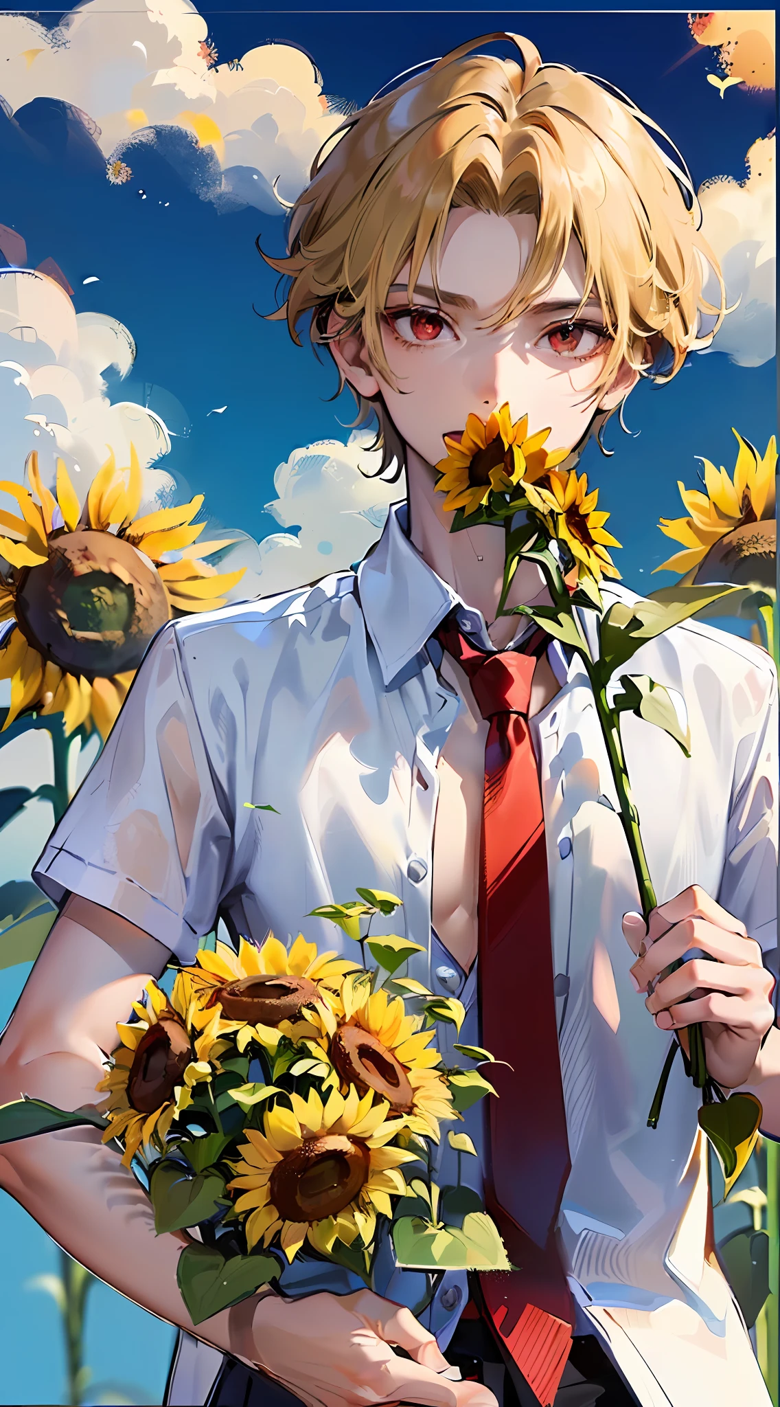 Master masterpiece、best qualtiy、8K、( male:1.5)、(Bakugan Moon(Bakugoukatsuki)),(short blonde hair and red eyes:1.2),(Composition holding out a bouquet of sunflowers:1.4)、Menacing face、White shirt with short sleeves、red necktie、Beautiful sky background