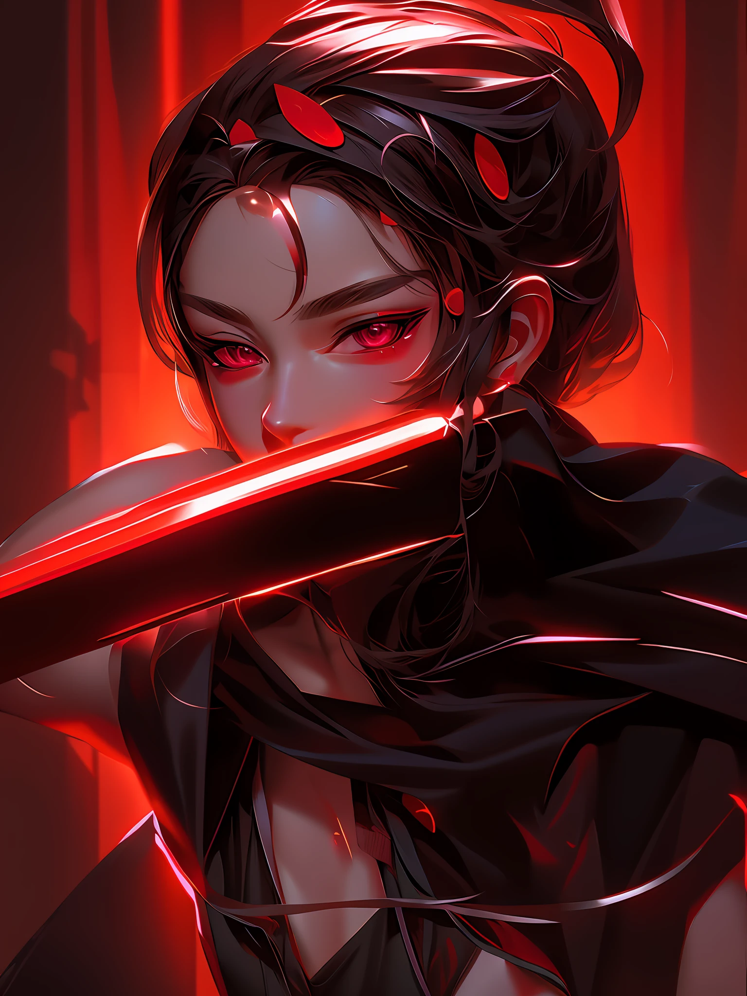 anime girl with a sword in her hand and a red light in the background, artwork in the style of guweiz, guweiz, by Shitao, unknown artstyle, g liulian art style, cyberpunk shading, digital cyberpunk anime art, painted in high resolution, guweiz on artstation pixiv, anime cyberpunk art, cyberpunk anime girl,masterpiece, best quality, (extremely detailed CG unity 8k wallpaper), (best quality), (best illustration), (best shadow), absurdres, realistic lighting, (Abyss), beautiful detailed glow