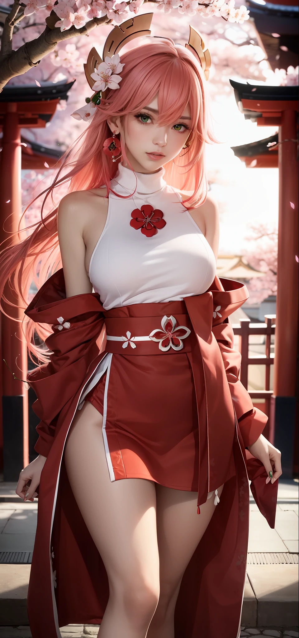 (Masterpiece, Excellent, 1girl, solo, complex details, color difference), realism, ((medium breath)), off-the-shoulders, big breasts, sexy, Yae Miko, long pink hair, red headdress, red highlight, hair above one eye, green eyes, earrings, sharp eyes, perfectly symmetrical figure, choker, neon shirt, open jacket, turtleneck sweater, against the wall, brick wall, graffiti, dim lighting, alley, looking at the audience, ((mean, seductive, charming)), ((cherry blossom background ))),((Japanese temple background)))), (((Glow-in-the-dark background)))