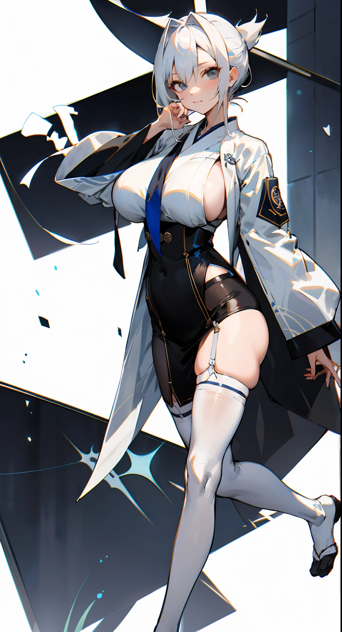 anime big breast,black lence stockings,Feet to the audience,校服,White color hair。