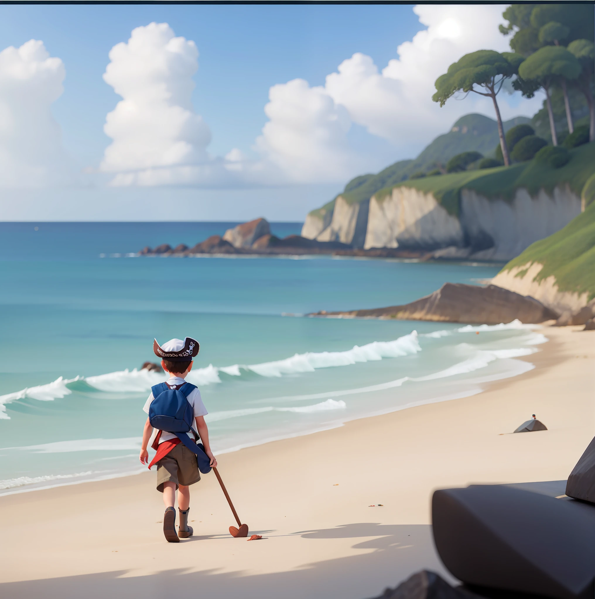There's a ??? dressed as a pirate exploring the beach