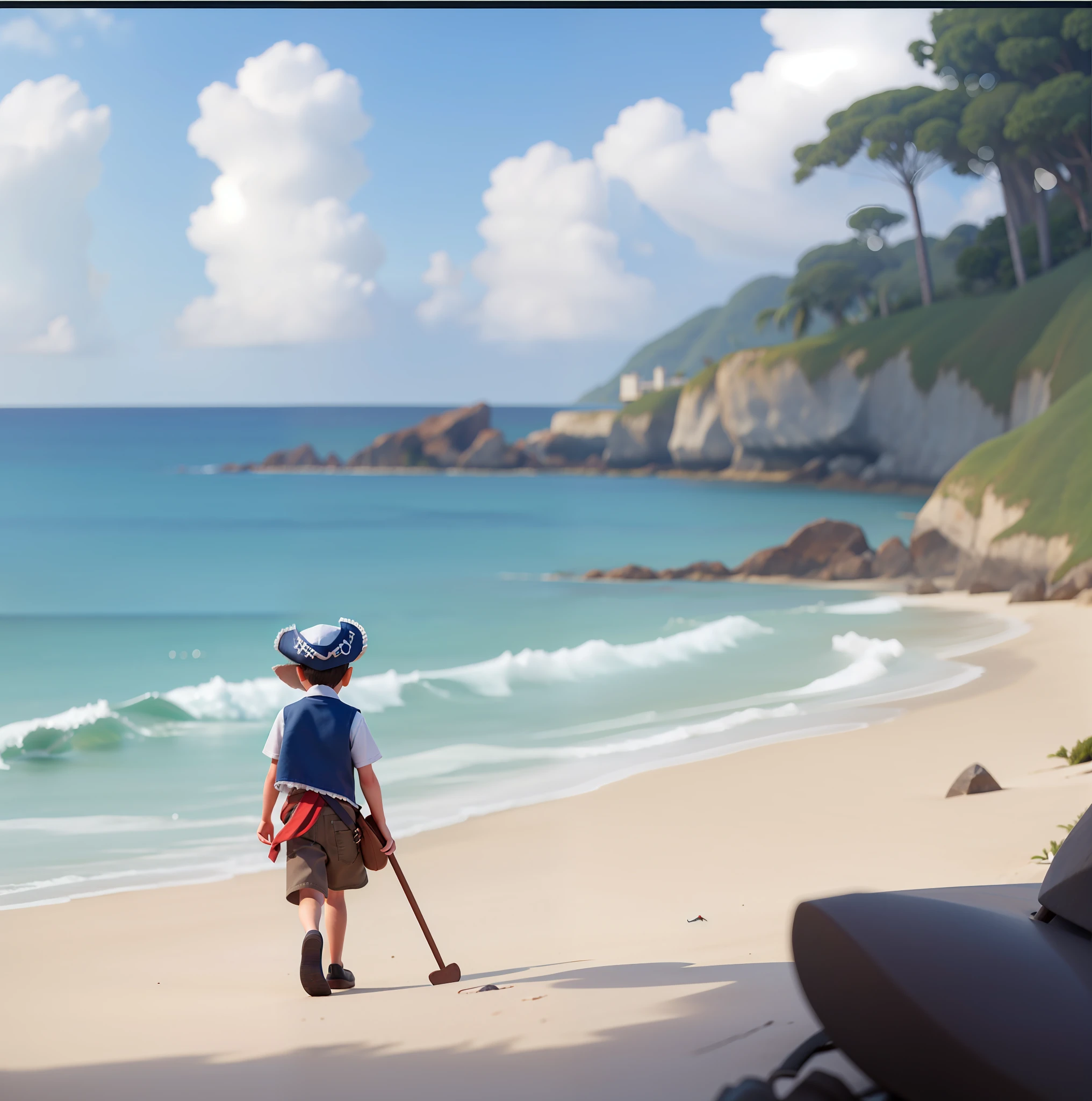 There's a ??? dressed as a pirate exploring the beach