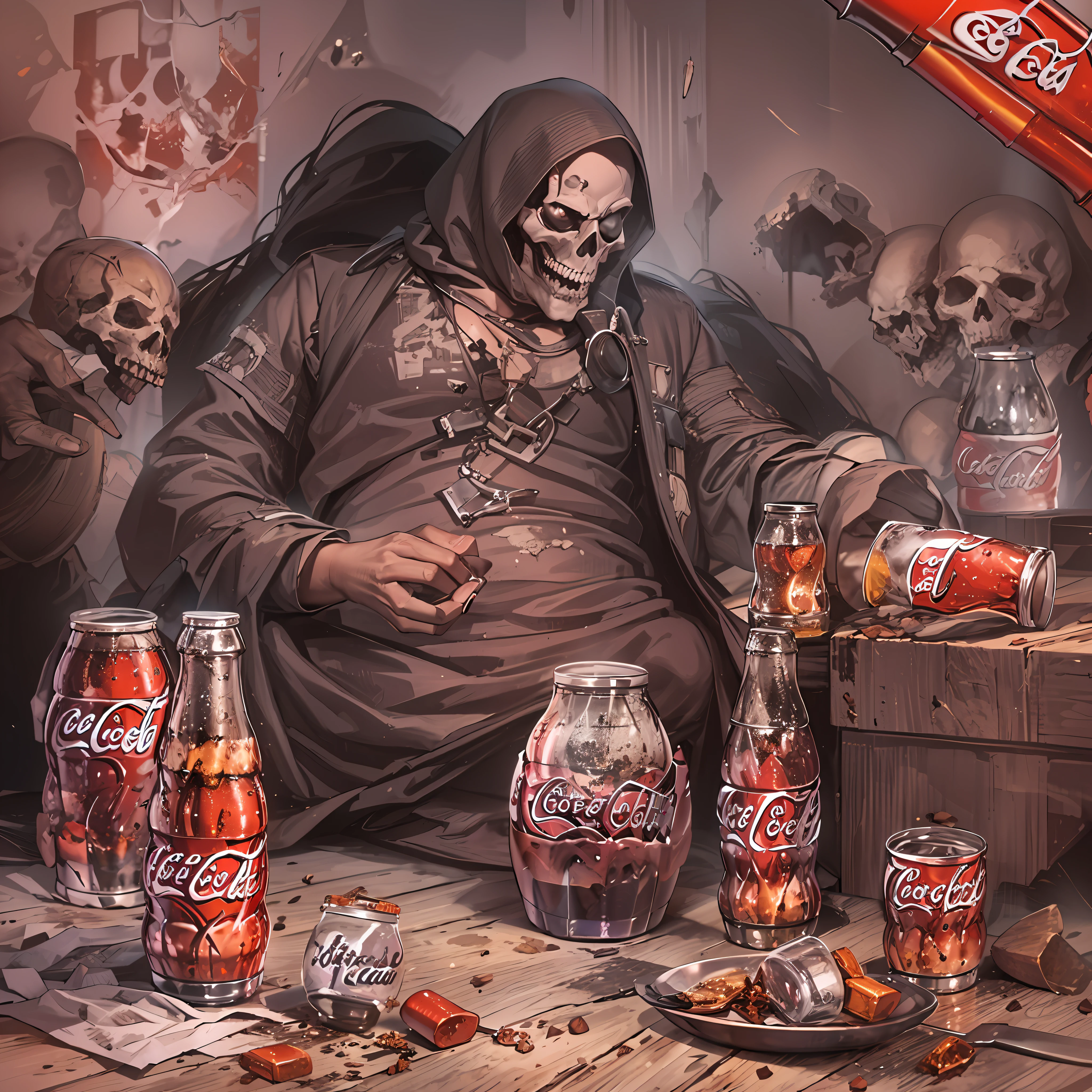 um cenario de terror com morte por todo lado e garrafa de ((Coca-Cola)) caveiras obesas