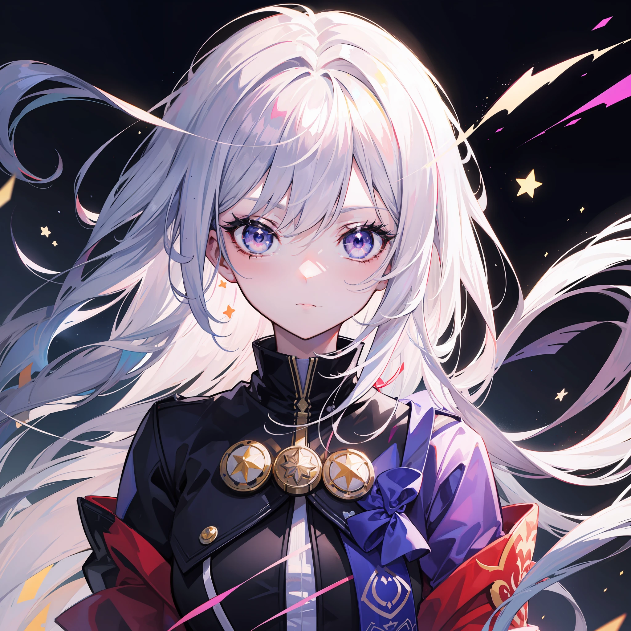 Anime girl with white hair and purple eyes and stars on her head, Rossdraw portrait, rossdraws 1. 5, rossdraws 2. 5, :: rossdraws, wlop rossdraws, Art Station Pixiv Art Germ Hahahaha, rossdraws digital painting, rossdraws 2. 0, rossdraws cartoon vibrant, ArtGerm. Anime Illustration, Pixiv masterpiece::1.8 ,detaileds,light Particle,glitch effect, Geometric pattern,Symbol Particles,Pixiv masterpiece isolated on black background::1.2 ,Game CG, anime masterpiece,2D,watercolor paiting,High contrast,Best Quality,Ultra-fine skin,Lens flare on the skin,Shiny hair,shiny eyes,clothes shiny,light Particle,