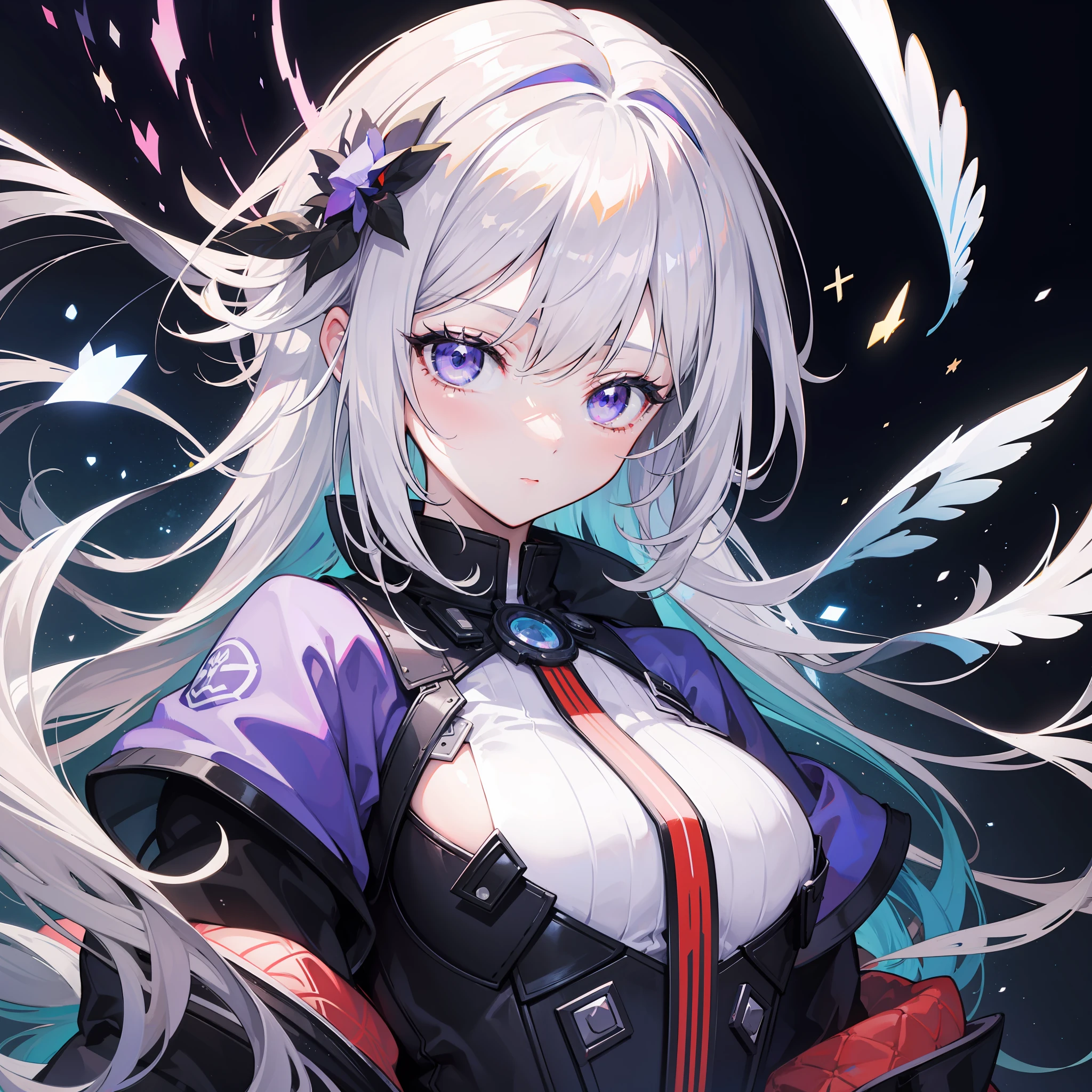 Anime girl with white hair and purple eyes and stars on her head, Rossdraw portrait, rossdraws 1. 5, rossdraws 2. 5, :: rossdraws, wlop rossdraws, Art Station Pixiv Art Germ Hahahaha, rossdraws digital painting, rossdraws 2. 0, rossdraws cartoon vibrant, ArtGerm. Anime Illustration, Pixiv masterpiece::1.8 ,detaileds,light Particle,glitch effect, Geometric pattern,Symbol Particles,Pixiv masterpiece isolated on black background::1.2 ,Game CG, anime masterpiece,2D,watercolor paiting,High contrast,Best Quality,Ultra-fine skin,Lens flare on the skin,Shiny hair,shiny eyes,clothes shiny,light Particle,