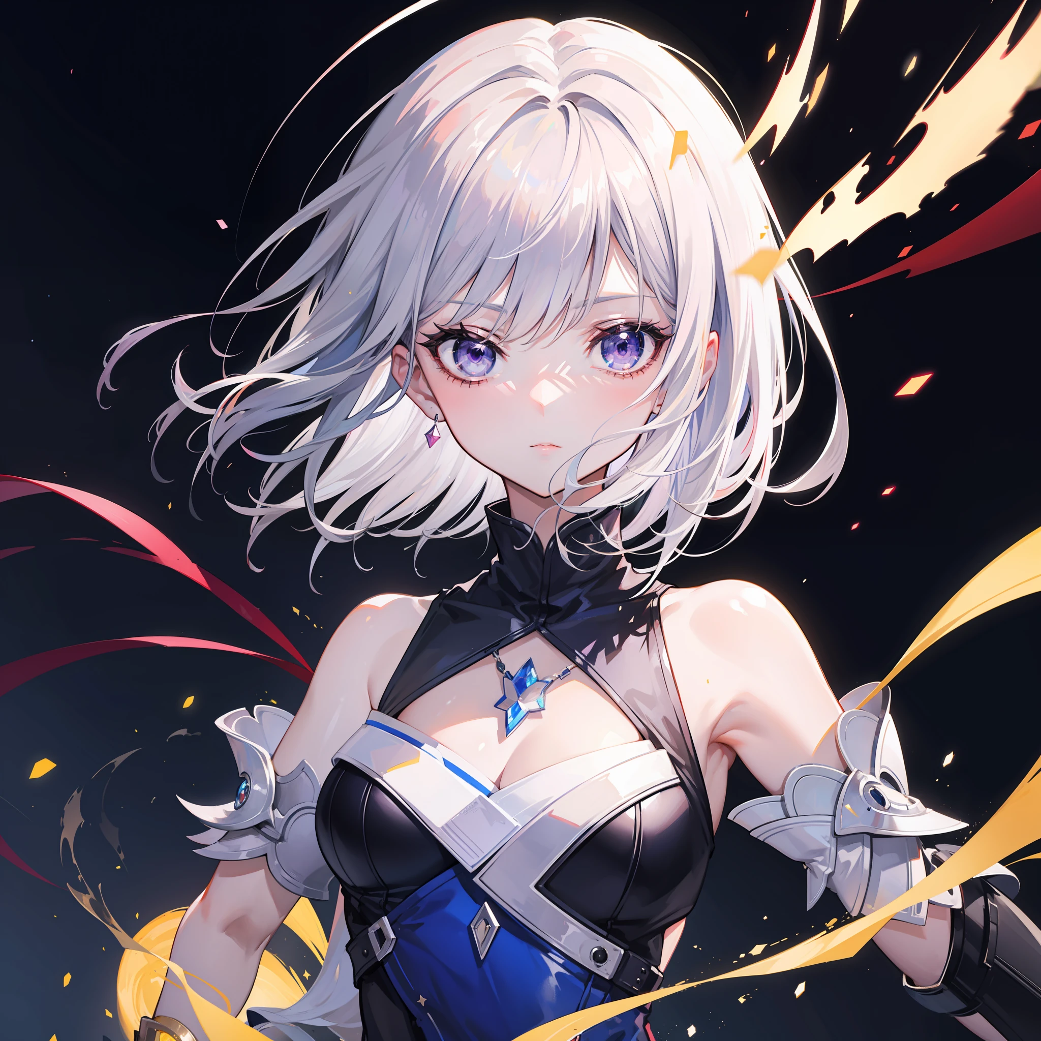 Anime girl with white hair and purple eyes and stars on her head, Rossdraw portrait, rossdraws 1. 5, rossdraws 2. 5, :: rossdraws, wlop rossdraws, Art Station Pixiv Art Germ Hahahaha, rossdraws digital painting, rossdraws 2. 0, rossdraws cartoon vibrant, ArtGerm. Anime Illustration, Pixiv masterpiece::1.8 ,detaileds,light Particle,glitch effect, Geometric pattern,Symbol Particles,Pixiv masterpiece isolated on black background::1.2 ,Game CG, anime masterpiece,2D,watercolor paiting,High contrast,Best Quality,Ultra-fine skin,Lens flare on the skin,Shiny hair,shiny eyes,clothes shiny,light Particle,