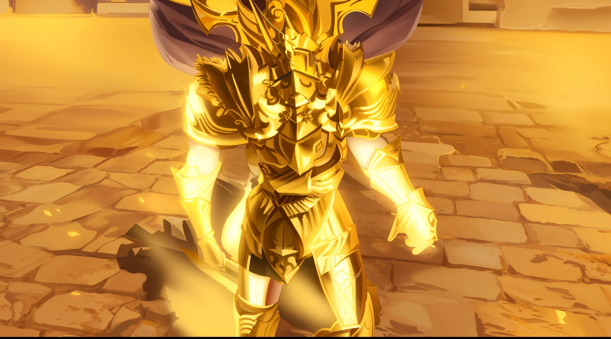 Close-up of a man holding a sword in golden armor, , paladin golden armor, Light gold armor, Redraw this image to enlarge