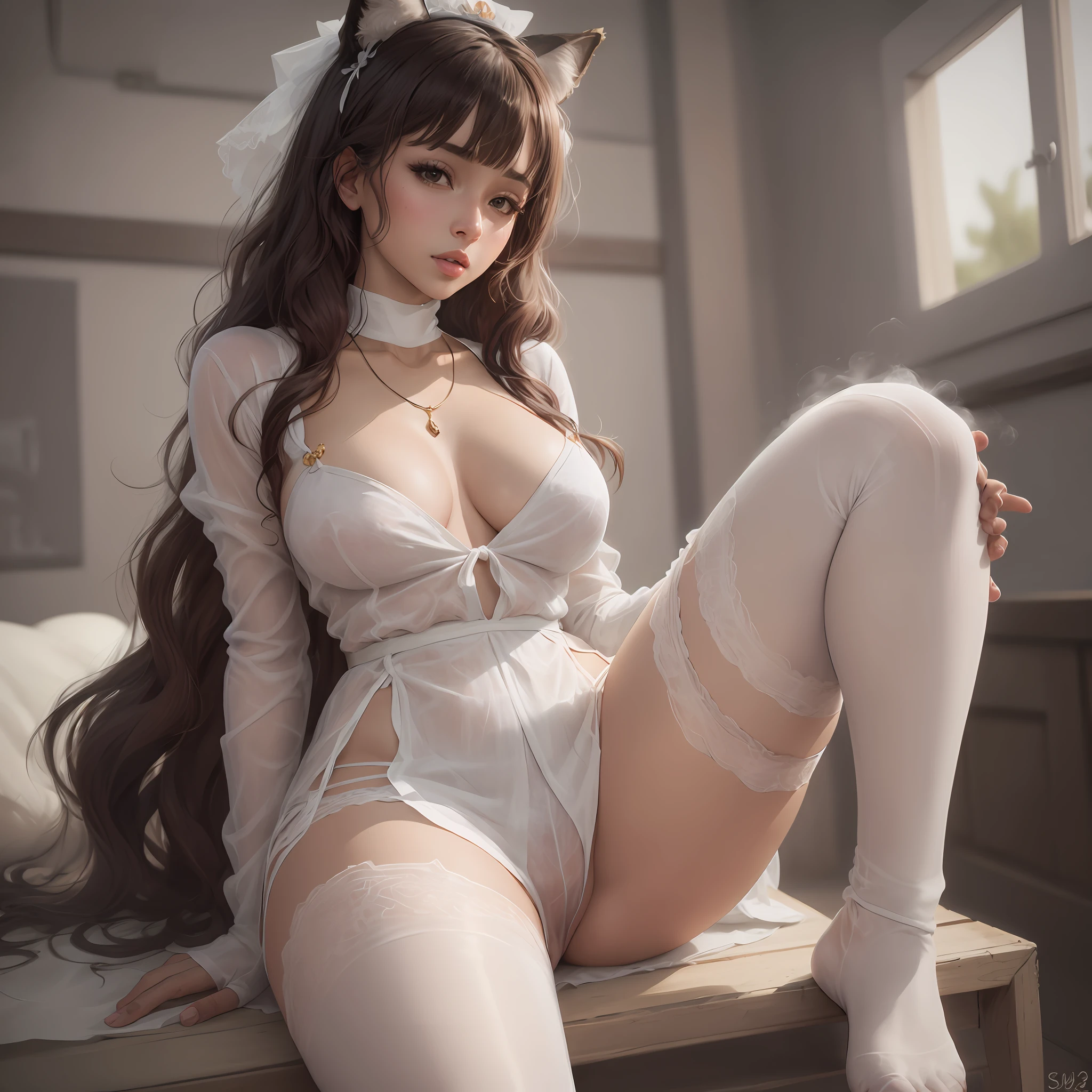 Brown-skinned bunny girl, sexy, ecchi hentai Nicki Minaj as bride with tied hands, sitting on operating table, in hospital, white wedding dress deep v open crotch dress half dragged, fully exposed her breasts, main, main camel toes, thick camel toes exposed, big shiny breasts exposed, almost naked, brunette bangs, (8k, RAW photo, realistic: 1.25), (lip gloss, highest quality, ultra-high resolution, depth of field, chromatic aberration) staring at the audience, gold necklace, excitement, sexy pose, necklace, full body, knee-high stockings, sheer see-through panties, transparent nurse outfit, visible, furry, breasts visible, perfect hands, perfect feet, big ass, perfect body, steam wave, SFW --auto --s2