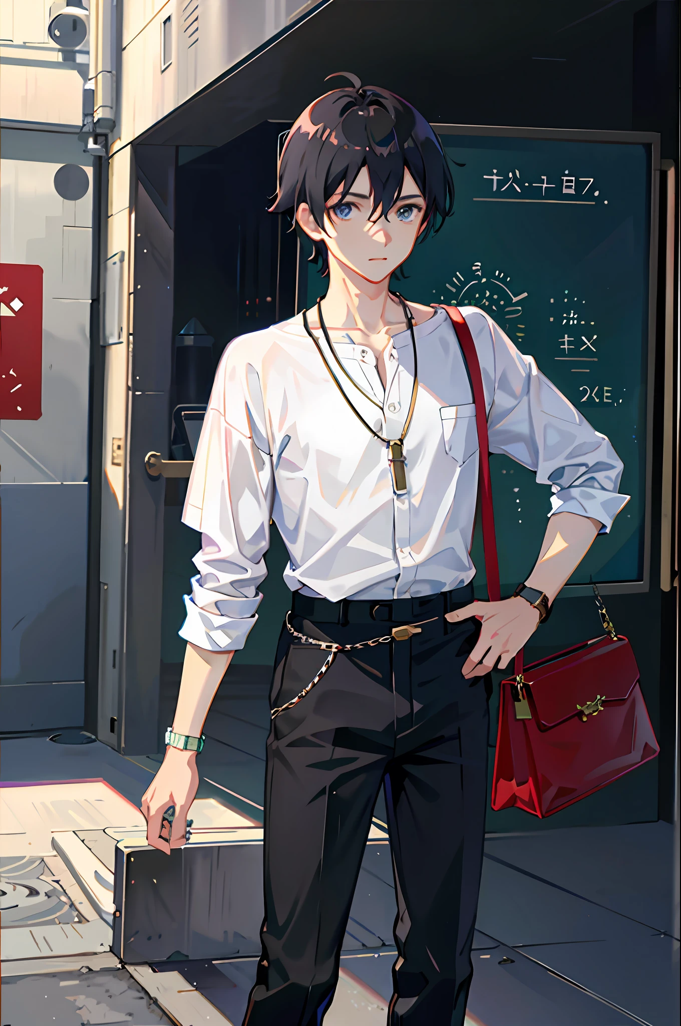 1boy, apple, bag, bangs, berry, black hair, black shirt, blue eyes, hair between eyes, jewelry, leaf, looking at viewer, male focus, necklace, pants, shirt, solo, watch, white pants, wristwatch, messy hair, trending on artstation, 8k resolution, highly detailed, anatomically correct, sharp image, digital painting, concept art, trending on pixiv, style of makoto shinkai,