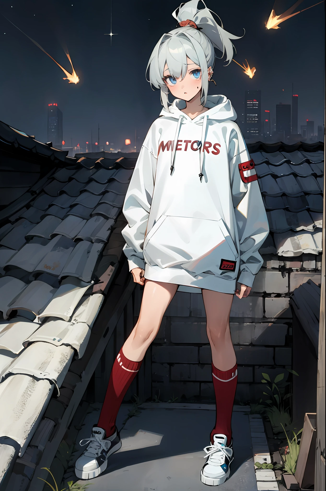 Best quality, 4k wallpaper, Masterpiece, Extremely detailed Cg Unity 8K wallpaper, Extremely detailed eyes, Ultra-detailed, Intricate details, 1girll, Meat socks, Blue eyes, and the hair is gray, High ponytail with exposed flesh, Hooded sweatshirt, AJ shoes, eardrop, Ear piercing, meteors, the night, Rooftop, Modern urban style, urban,the shy,bandagens,perspire