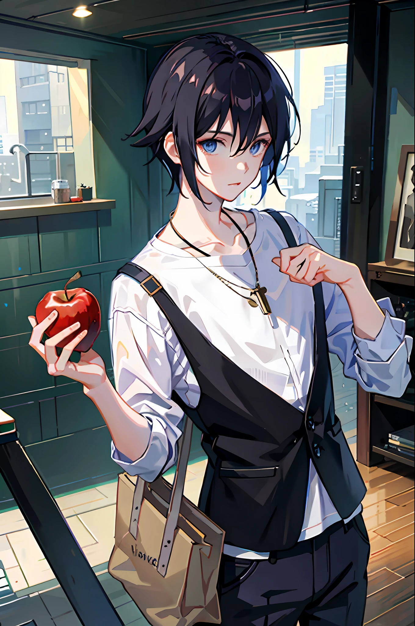 1boy, apple, bag, bangs, berry, black hair, black shirt, blue eyes, hair between eyes, jewelry, leaf, looking at viewer, male focus, necklace, pants, shirt, solo, watch, white pants, wristwatch, messy hair, trending on artstation, 8k resolution, highly detailed, anatomically correct, sharp image, digital painting, concept art, trending on pixiv, style of makoto shinkai,