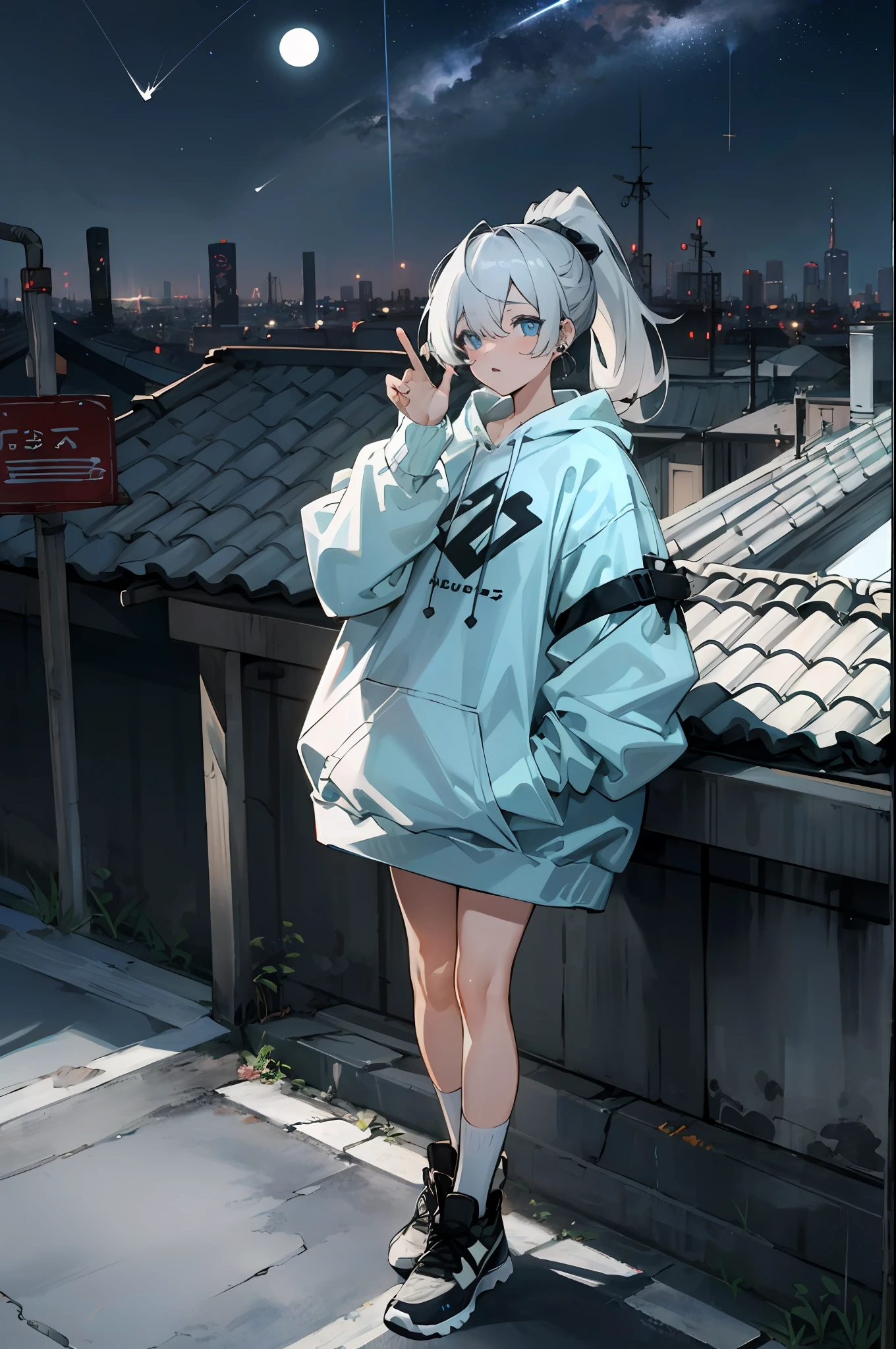 Best quality, 4k wallpaper, Masterpiece, Extremely detailed Cg Unity 8K wallpaper, Extremely detailed eyes, Ultra-detailed, Intricate details, 1girll, Meat socks, Blue eyes, and the hair is gray, High ponytail with exposed flesh, Hooded sweatshirt,  AJ shoes, eardrop, Ear piercing, meteors, the night, Rooftop, Modern urban style, urban,the shy，bandagens，perspire