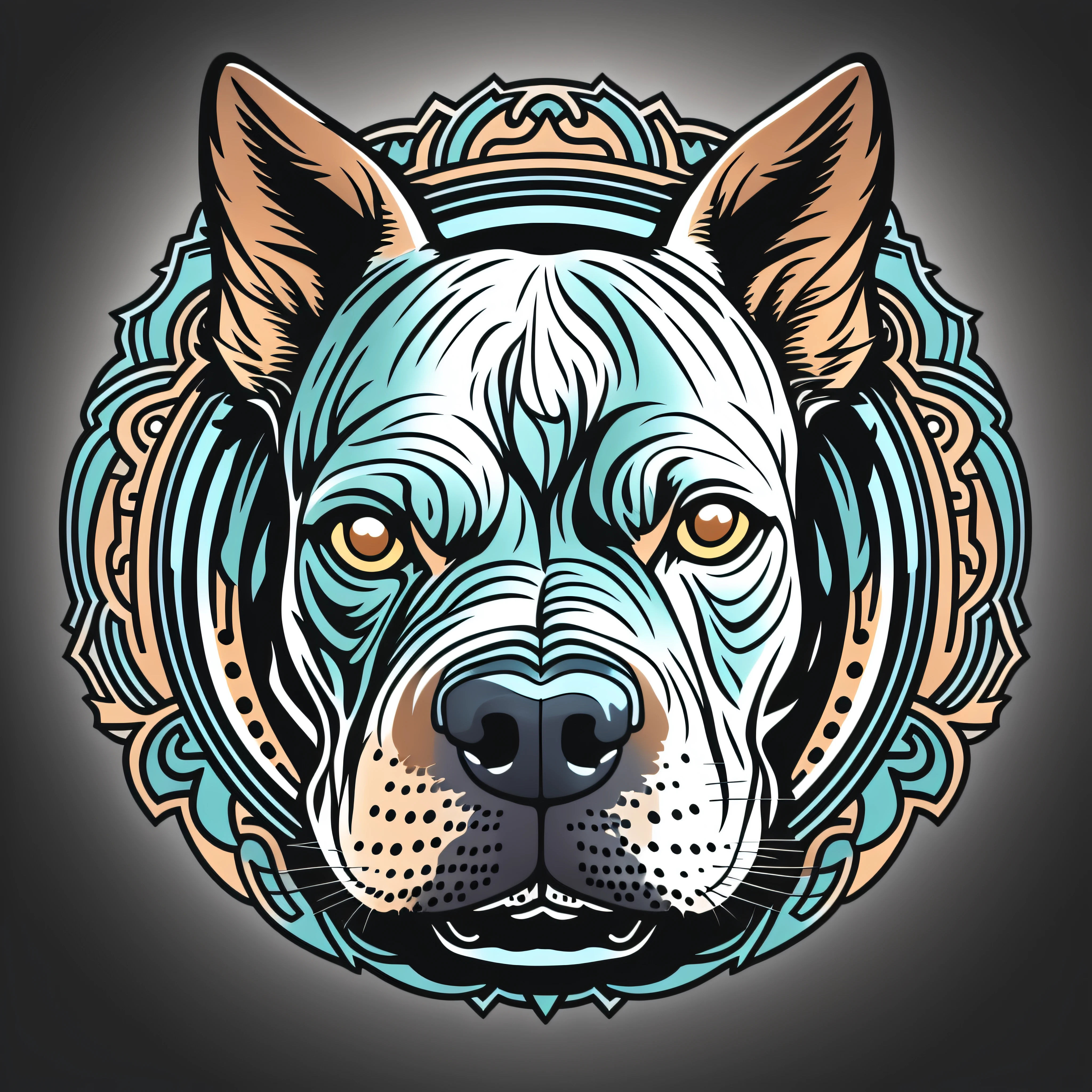 Amazing pitbull dog head logo, 12K, details .blue eyes.with a circle contour, looking like a sticker, victor arte cartoon art, illustrator logo