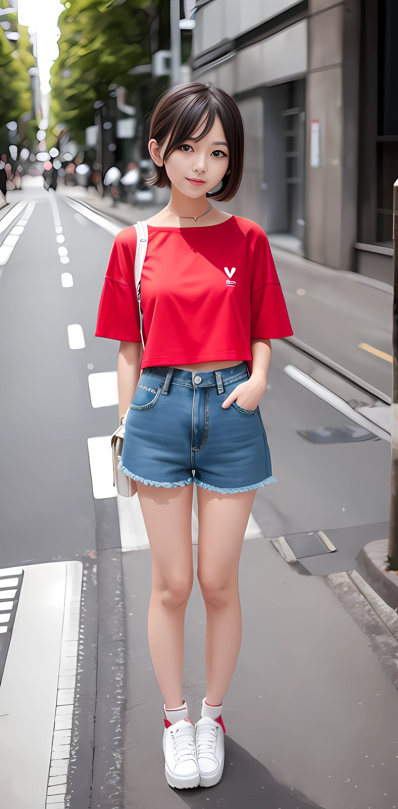 Wearing red shorts, hotpants, Short shorts, denim short pants, simple style, Short jeans, style of yoshii chie, Red details, wearing denim short shorts, short in stature, tokyo fashion, short legs, japanese city street fashion, cute-style, japanese street fashion