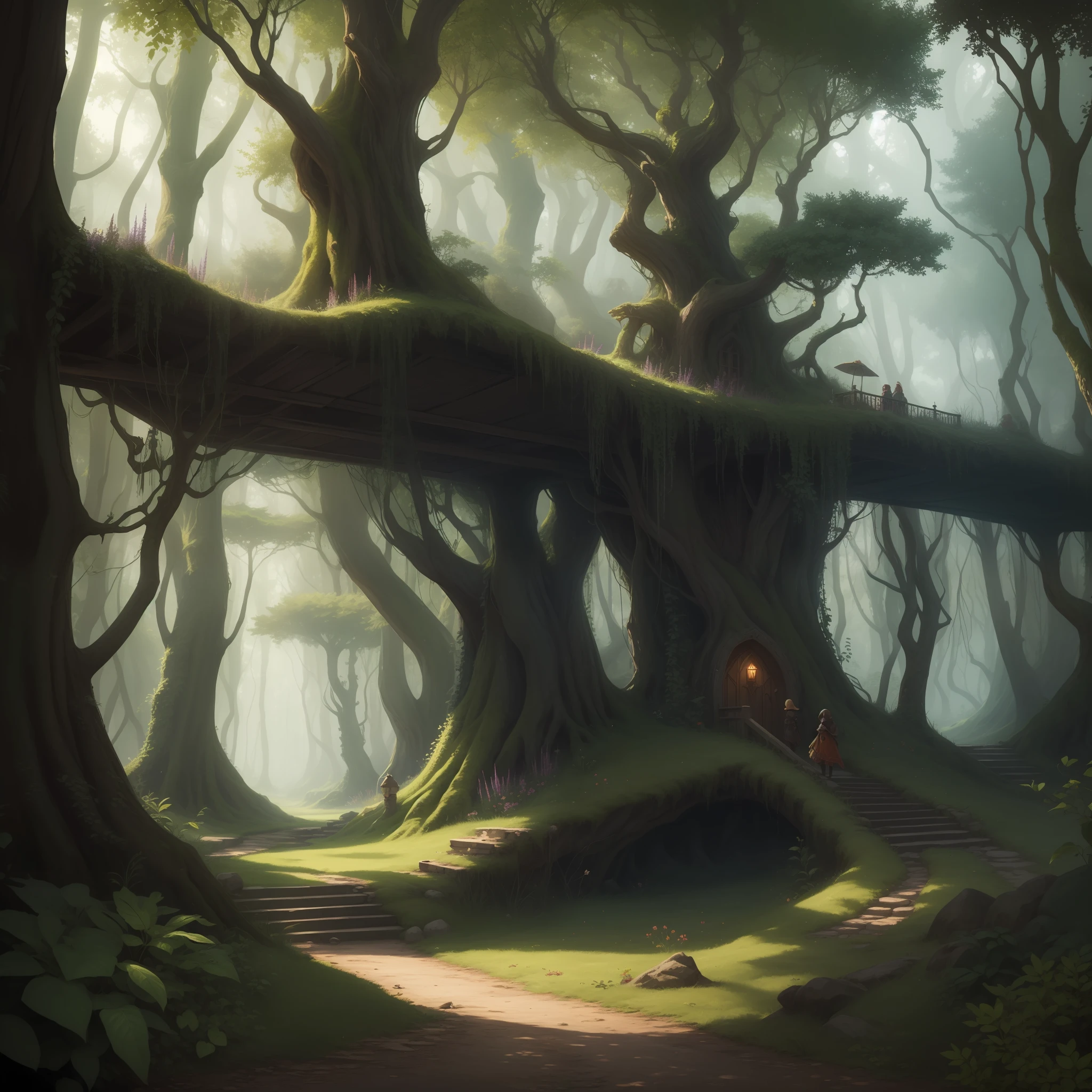 A masterpiece, great quality, lots of details. An enchanted forest, with lots of vegetation and trees. Fantasy genre. RPG.