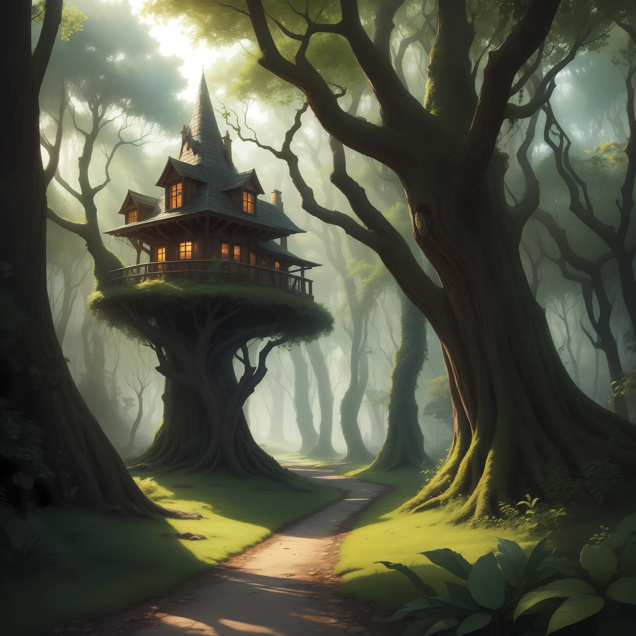 A masterpiece, great quality, lots of details. An enchanted forest, with lots of vegetation and trees. Fantasy genre. RPG.