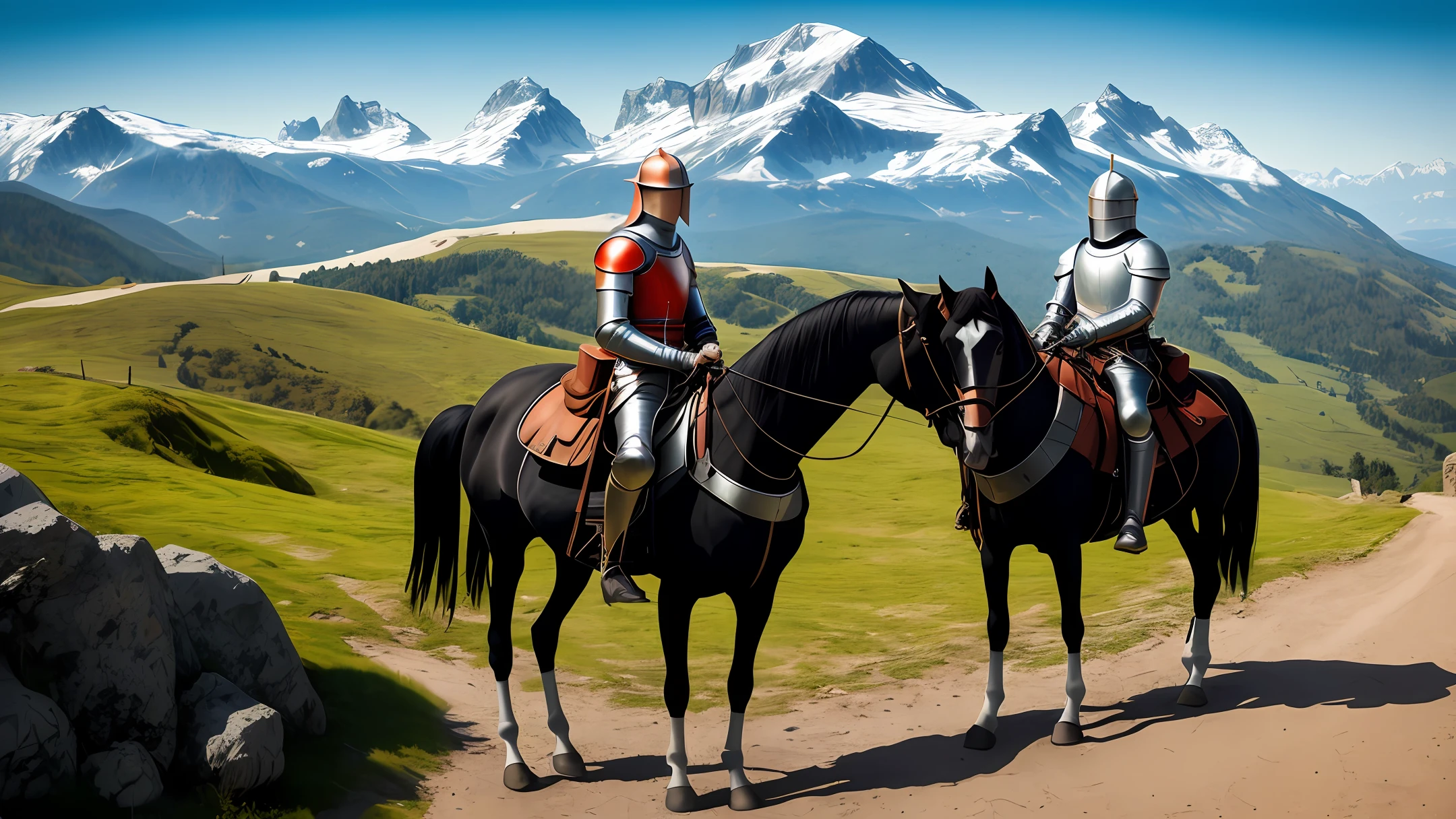 Medieval knight，Crusu，mounted on a horse，looking at viewert，Vast mountain 8k masterpiece 16:9 Orange，purpleish color，Handsome