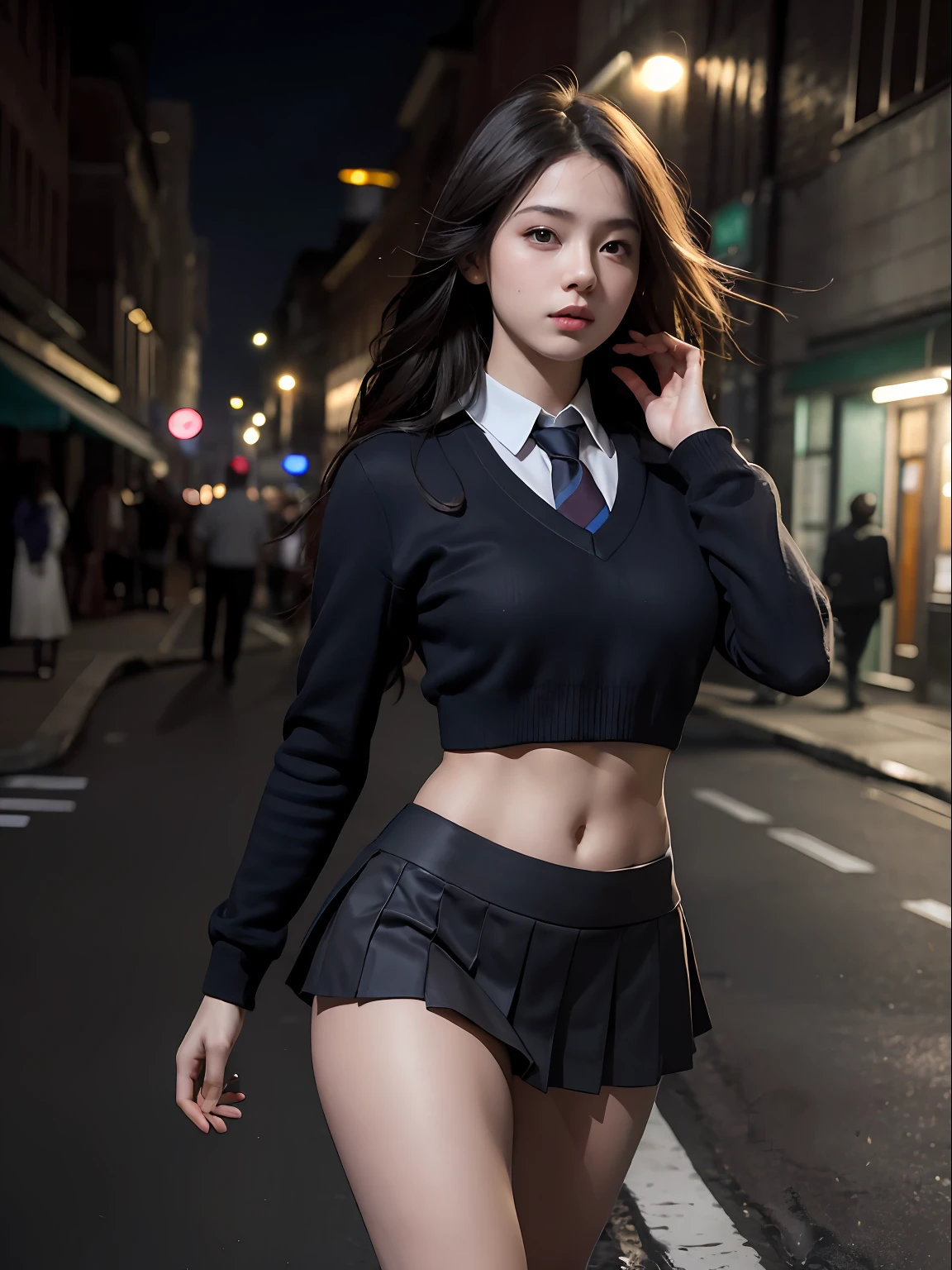 Best quality, masterpiece, ultra high res, (photorealistic:1.4), raw photo, (perfect body shape), dynamic pose, 1girl, waist up, solo, school uniform, in the dark, night, on the street, deep shadow, low key, cold light 12000K