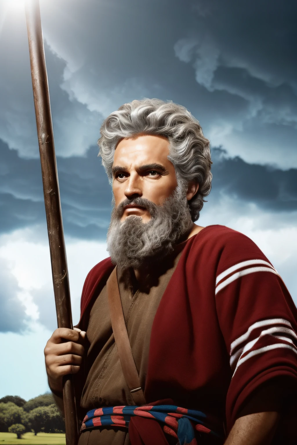 a storm in the background behind him, nuvem, clouded skies, Standing at attention, holding a staff in his hand, capa vermelha, barba comprida, Stay towards the sea, mar abrindo, Branco_Hair,curto_Hair,azul_olho, 1 velho, olhando para o espectador,(boca fechada:1.0), graves, Arte Oficial, extremamente detalhado CG unidade de papel de parede 8k, perfect lighting, Colouring, brilhante_frente_rosto_The lighting, (obra-prima: 1.0), (Melhor_qualidade: 1.0), ultra alto nada, 4k, ultra-detalhado, fotografia, 8k, HDR, Altas, absurdos:1.2, Portra Kodak 400, grain of film, fundo desfocado, Bokeh:1.2, Reflexo da lente, (vibrante_Cor:1.2)