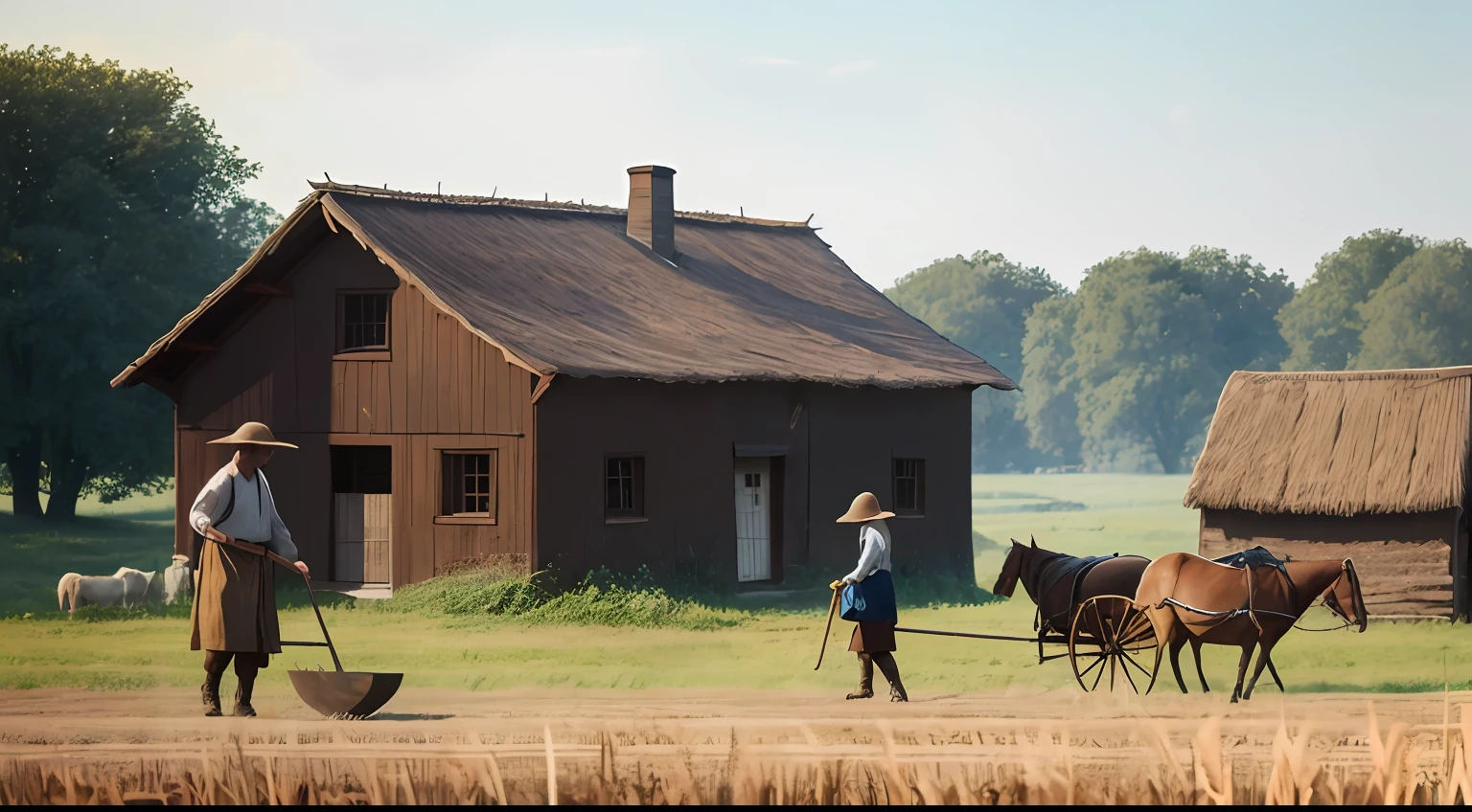 ulzzang-6500-v1.1, (foto bruta: 1.2), (fotorrealista: 1.4), A family of Polish peasants working in the rye fields under the afternoon sun. The man wears a linen shirt, cotton pants, and leather boots. His wife wears a long brown skirt, white blouse, and headscarf, holding a scythe while harvesting the grains. Beside them, two teenage sons pull a wooden plow pulled by oxen. In the background, a modest wooden house with a chimney emitting smoke can be seen. The scene conveys the simplicity of 19th century rural life in Poland, the hard-working spirit, and connection with the land --auto