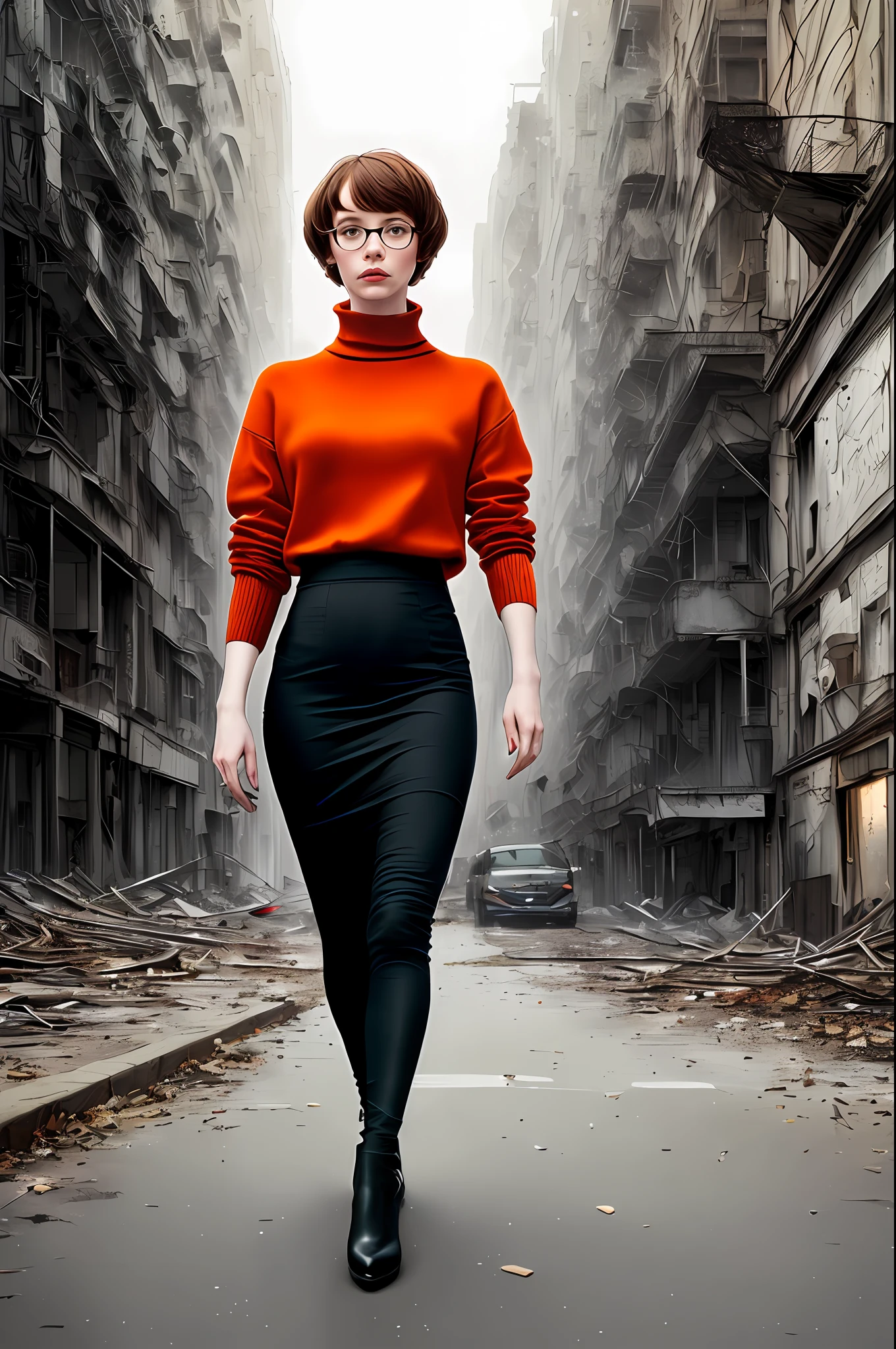 RAW photo, (Christina Hendricks as Velma Dace Dinkley:1.2), (wearing orange turtleneck sweater:1.2), highwaisted skirt, glasses, wide shot photo of 21 y.o woman walking alone at night, long haircut, pale skin, slim body, ((full body)), background is abandoned building, (high detailed skin:1.2), 8k uhd, dslr, colorgraded, soft lighting, high quality, film grain, Fujifilm XT3, hyper-realistic, dystopia, (by Agnes Cecile:0.2) , (by Zdzislaw Beksinski:0.2),(by Peter Max:0.2),