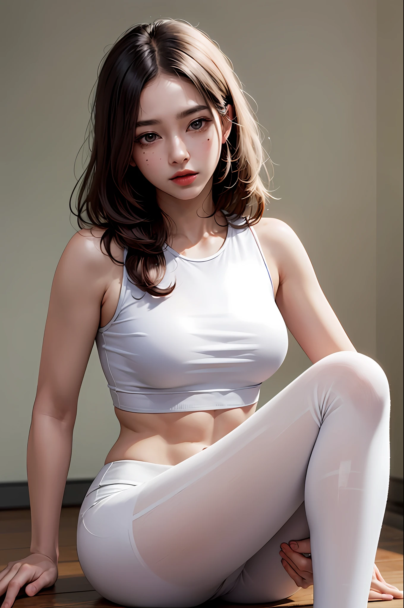 Realistic, high resolution, 1 girl, white wavy hair, Korean, heterochrome eyes, small moles under the eyes, loose white shirt, yoga pants, big breasts, long legs, tight abs, camel toes, sexually bit her lip