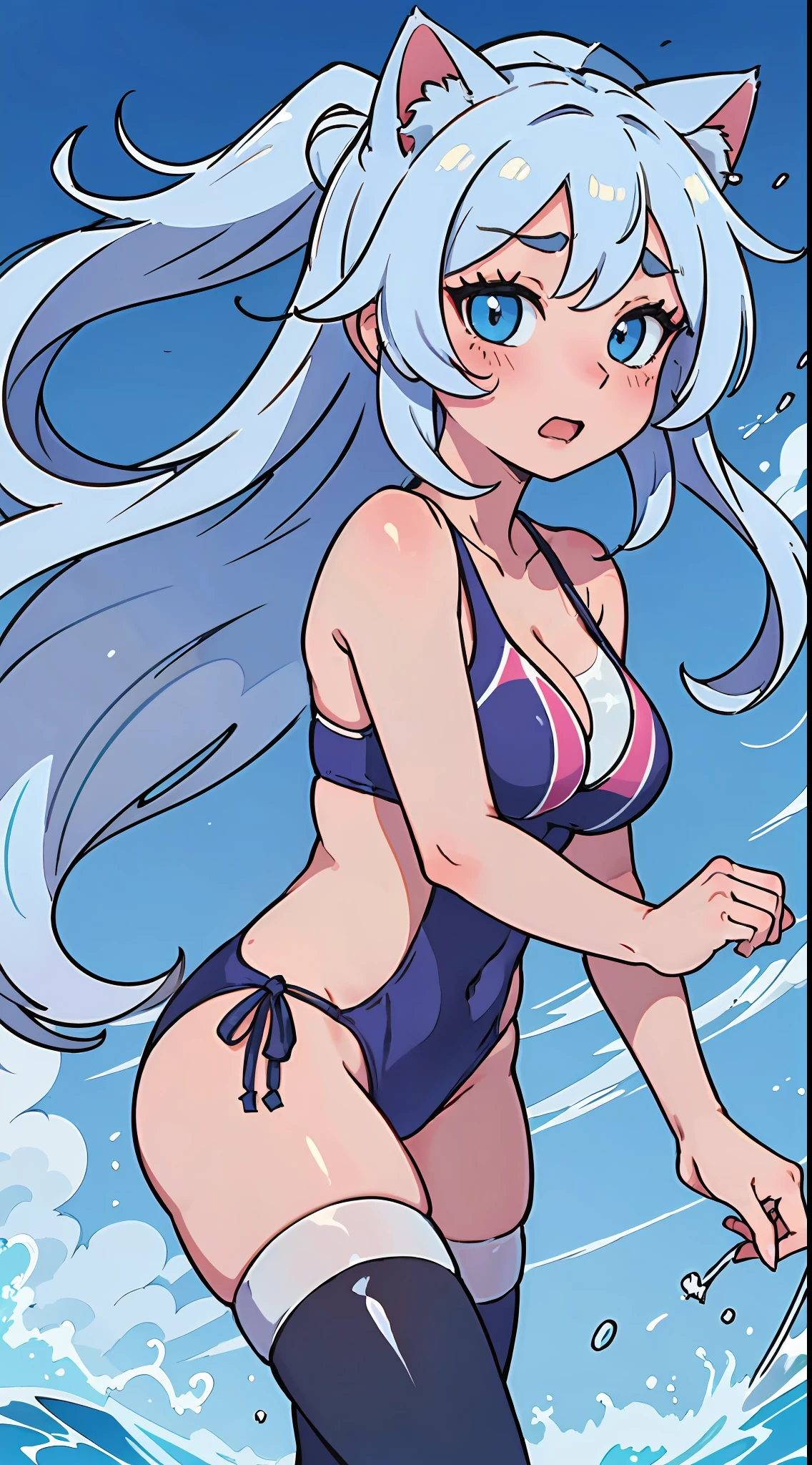 "Dynamic pose of a person with oil-slicked skin, sporting a string swimsuit, and boasting flowing hair. Thigh-high stockings, an Ahegao expression, and blushing and cat ears."