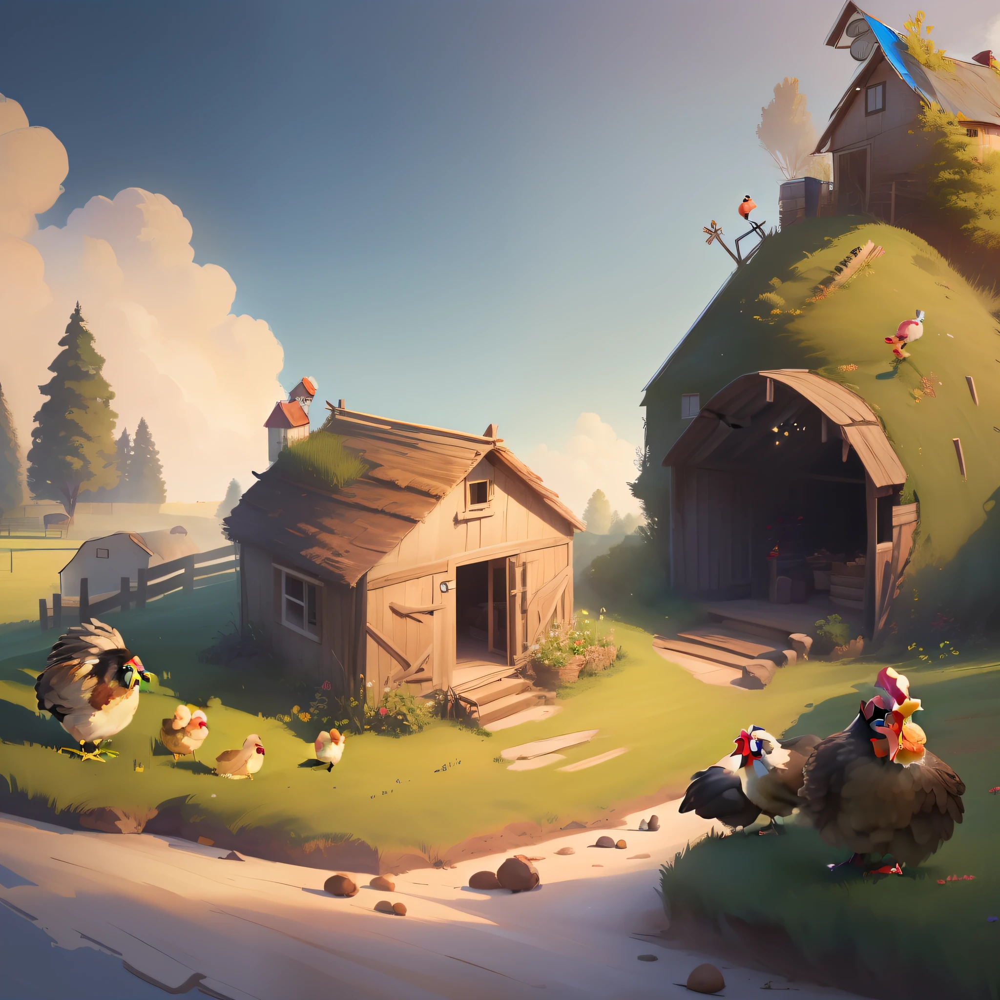 Farm with chicken and funny chicks