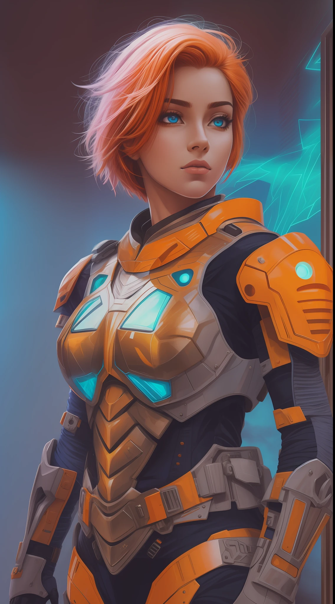 tiro de corpo inteiro, sharp proportion shot, beautiful female, princesa, 26 anos, dressed in modern ballistic armor, rigid exoskeleton, armadura adequada, Armadura preta e cinza, empunhando uma arma laser, short hair, orange hair, raspado nas laterais, rosto hiper realista, altamente detalhado, olhos azuis, vivid colors, dramatic colors, vaporwave, colorido, artocromo, 2000K