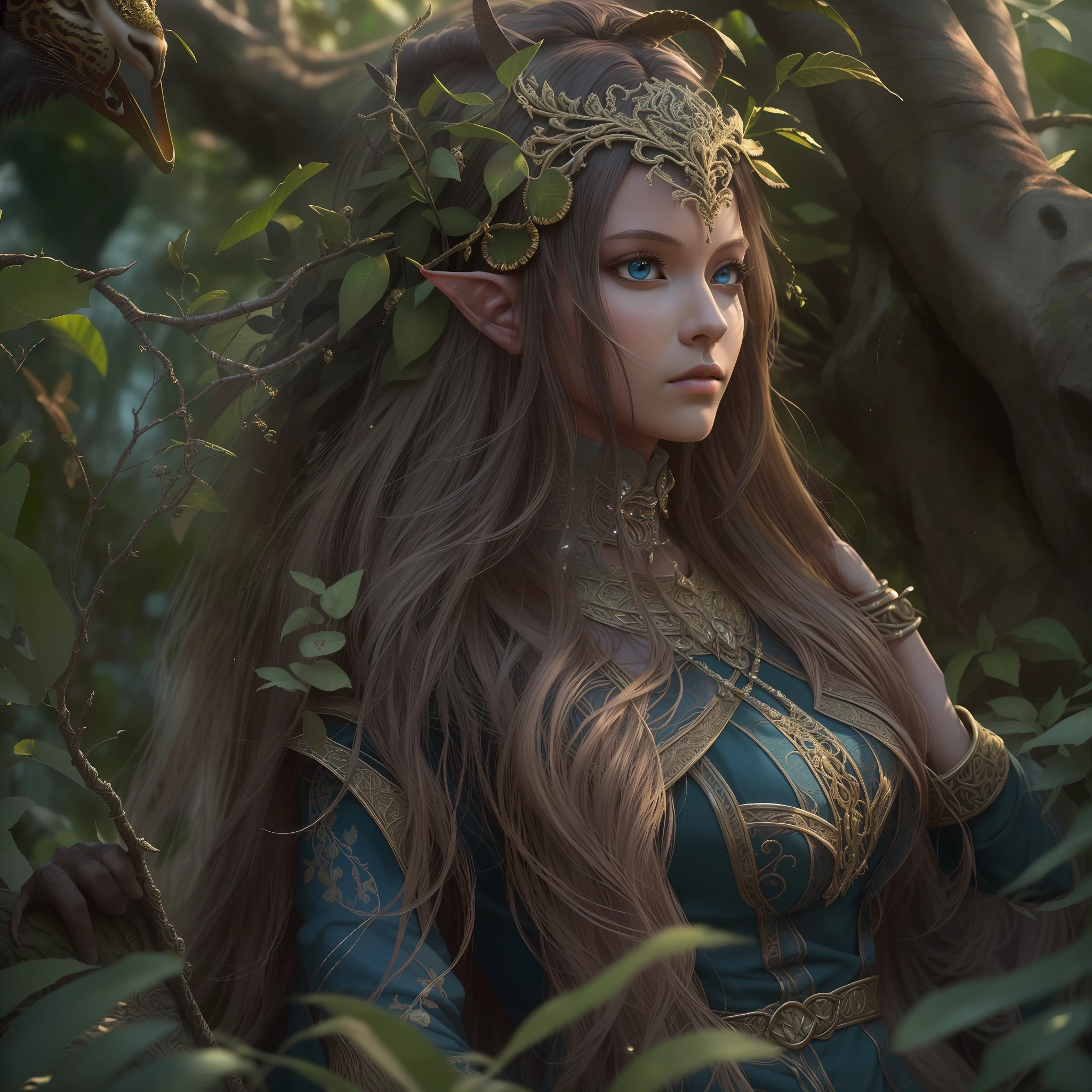 high details, best quality, 8k, [ultra detailed], masterpiece, best quality, (extremely detailed), dynamic angle, ultra wide shot, RAW, photorealistic, fantasy art, realistic art, a picture of a female elf druid  knelling (1.5 intricate details, Masterpiece, best quality) talking to a leopard (1.5 intricate details, Masterpiece, best quality) in a jungle (1.5 intricate details, Masterpiece, best quality),  a female elf wearing leather clothes (1.4 intricate details, Masterpiece, best quality), leather boots, thick hair, long hair, brown hair, intense blue eyes, vibrant jungle (intense details), many jungle trees (1.3 intricate details, Masterpiece, best quality), vines, a river flowing (1.4 intricate details, Masterpiece, best quality), sun light, dynamic light. dynamic angle, (1.4 intricate details, Masterpiece, best quality) 3D rendering, high details, best quality, highres, ultra wide angle