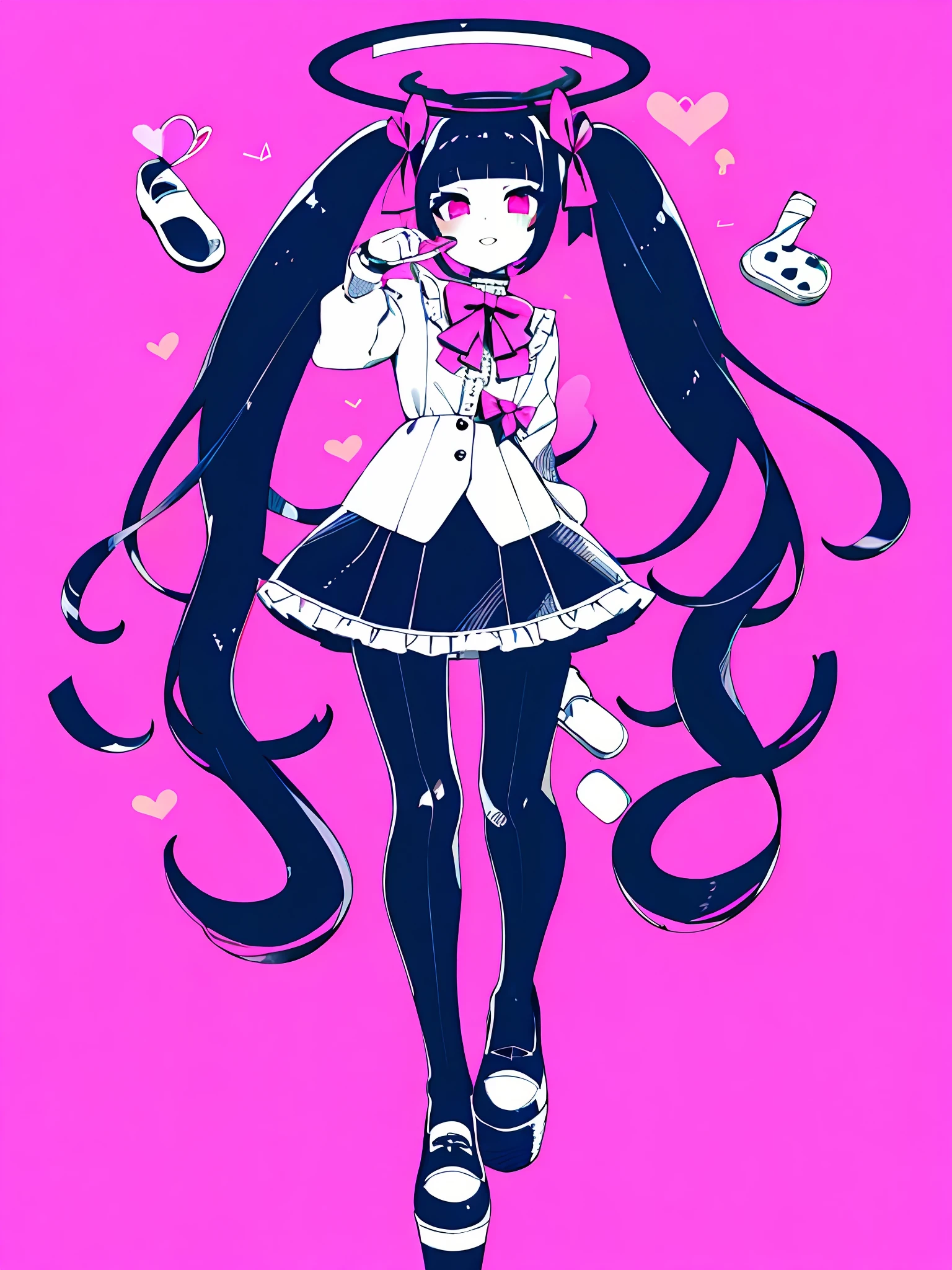 masterpiece, best quality, 1girl, solo, long_hair, looking_at_viewer, bangs, skirt, shirt, black_hair, long_sleeves, bow, ribbon, twintails, hair_bow, heart, pantyhose, frills, shoes, choker, blunt_bangs, black_skirt, pink_eyes, halo, pink_background, frilled_skirt, pink_bow, fishnets,pink_shirt, fishnet_pantyhose, platform_footwear, pink_theme, pill, jirai_kei, monochrome,