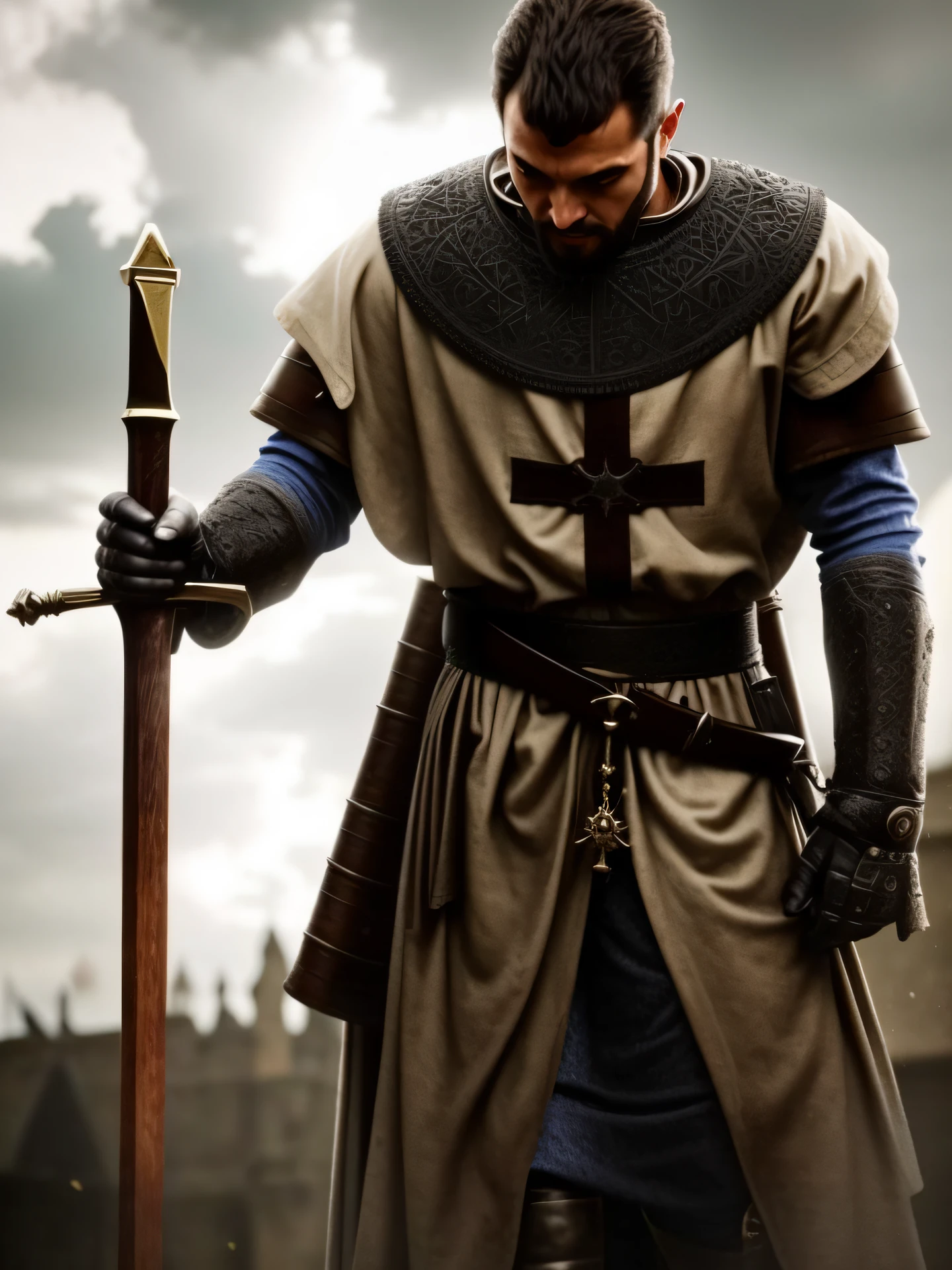 um close up de um homem com uma roupa medieval segurando uma espada, Santo Cruzado Medieval, cavaleiro medieval cruzado sagrado, cavaleiro cruzado sagrado medieval, Santo cruzado medieval, templar, cruzado sagrado, viking and templar aesthetics, teutonic knight, cavaleiro medieval, (((cavalo))), cavalo, knights templar in a space suit, cruzada, Rei Artur, medieval
