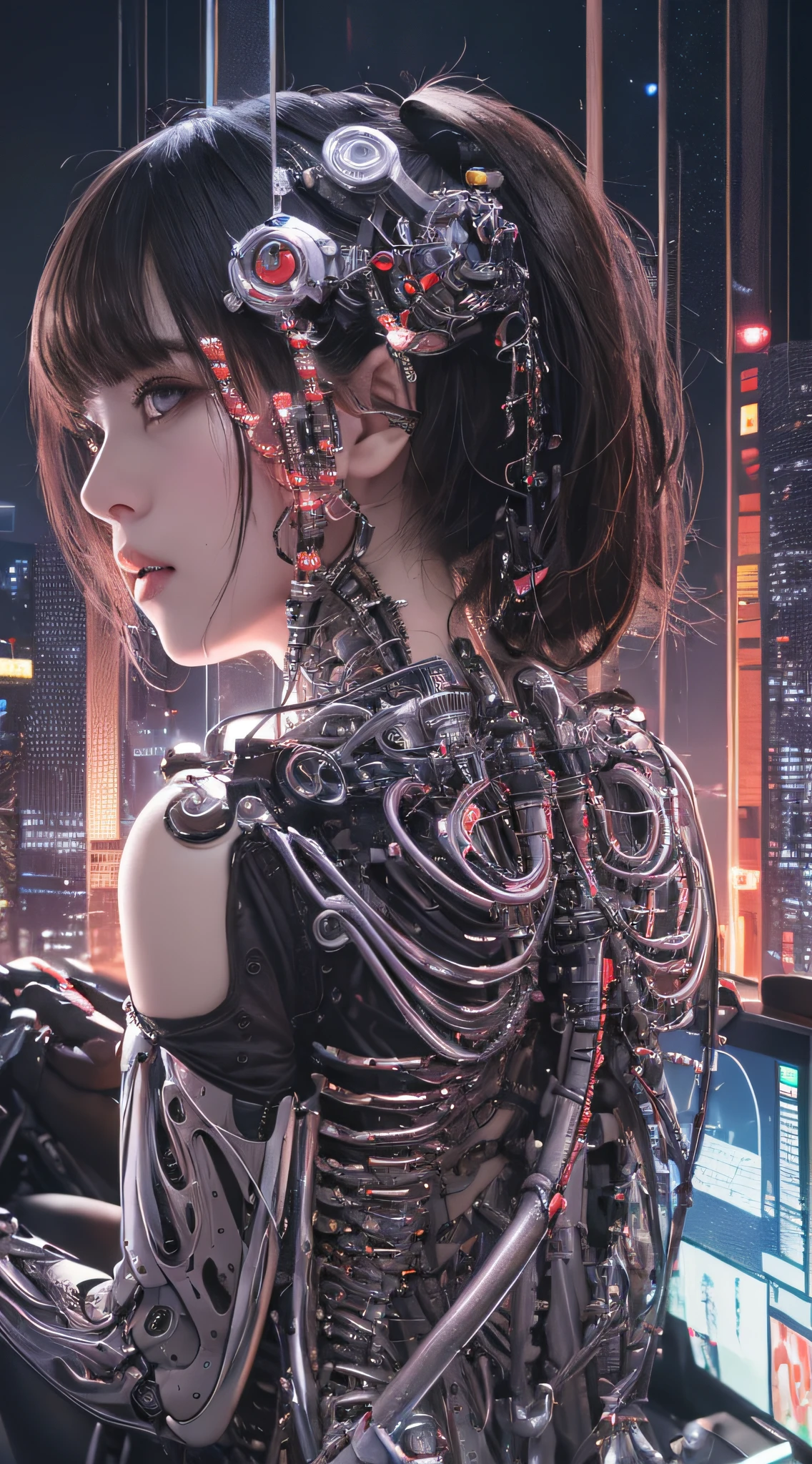 1 Mechanical Girl、((super realistic details))、portlate、globalillumination、Shadow、octan render、8K、ultrasharp、metals、Details of complex ornaments、cold color、Goth**** details、highly intricate detail、Realistic light、CGSoation Trends、a purple eye、radiant eyes、Facing the camera、neon details、Mechanical limbs、blood vessels connected to tubes、Mechanical vertebrae attached to the back、mechanical cervical attaching to neck、sitting on、Wires and cables connecting to the head、The background is a cyberpunk space、