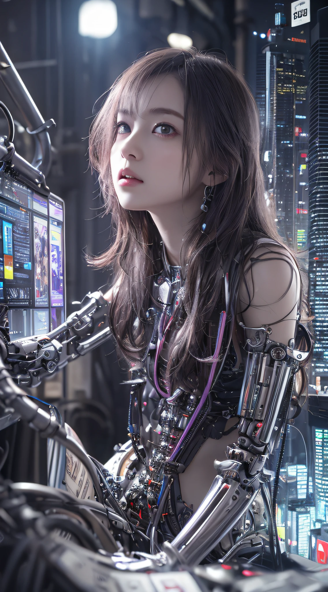 1 Mechanical Girl、((super realistic details))、portlate、globalillumination、Shadow、octan render、8K、ultrasharp、metals、Details of complex ornaments、cold color、Gothloli details、highly intricate detail、Realistic light、CGSoation Trends、a purple eye、radiant eyes、Facing the camera、neon details、Mechanical limbs、blood vessels connected to tubes、Mechanical vertebrae attached to the back、mechanical cervical attaching to neck、sitting on、Wires and cables connecting to the head、The background is a cyberpunk space、