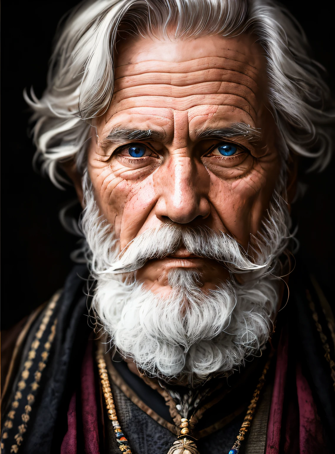 A portrait of a wizard, bearded, wrinkled, weathered, with piercing eyes, detailed face, high details, photography, dark studio, rim light, Nikon D850, 50mm, f/1.4