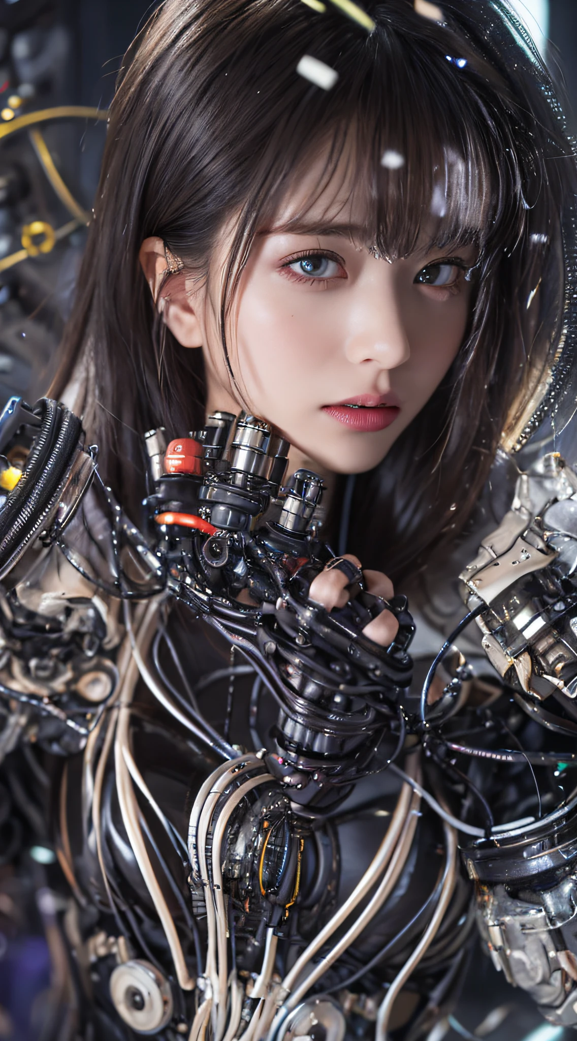 1 Mechanical Girl、((super realistic details))、portlate、globalillumination、Shadow、octan render、8K、ultrasharp、metals、Details of complex ornaments、cold color、Goth**** details、highly intricate detail、Realistic light、CGSoation Trends、a purple eye、radiant eyes、Facing the camera、neon details、Mechanical limbs、blood vessels connected to tubes、Mechanical vertebrae attached to the back、mechanical cervical attaching to neck、sitting on、Wires and cables connecting to the head、The background is a cyberpunk space、