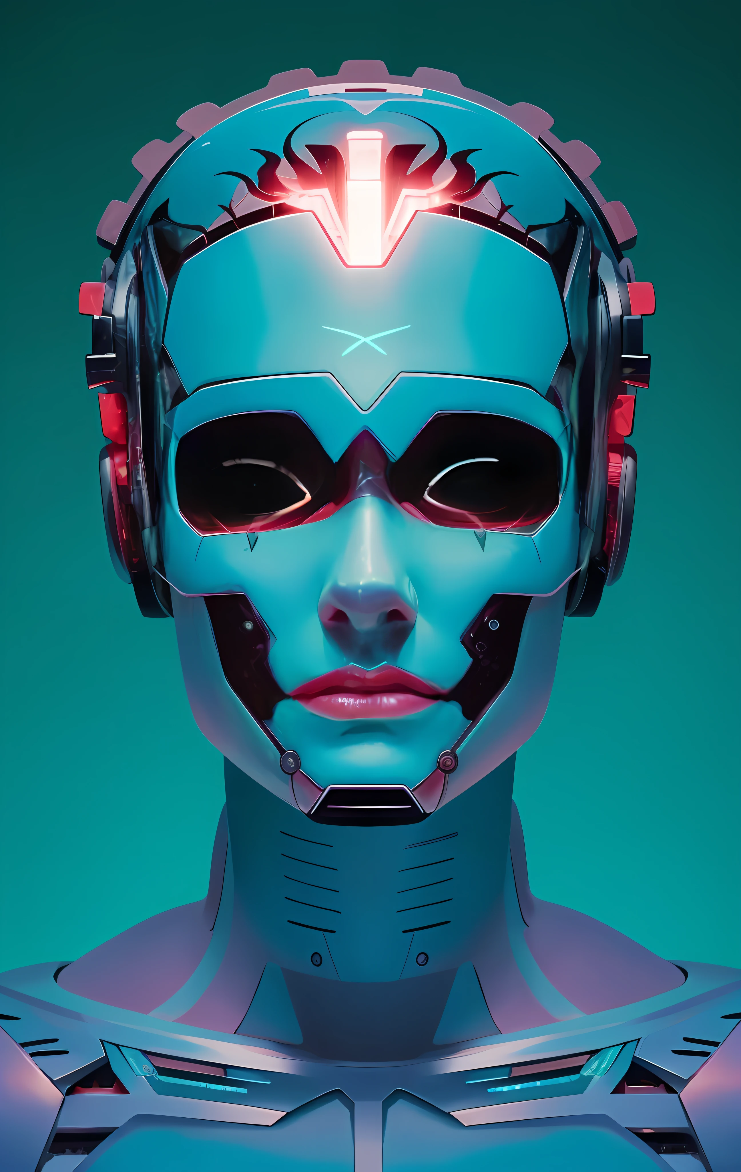 A closeup of a robot with headphones and bright eyes, Retrato de um androide feminino, Retrato do androide feminino, portrait of a futuristic robot, Retrato detalhado de um ciborgue, Retrato de um ciborgue, Retrato de um androide, mulher ciborgue, Retrato em close-up de Ciborgue, Cybernetic Machine Female Face, simetria!! Retrato de Ciborgue
