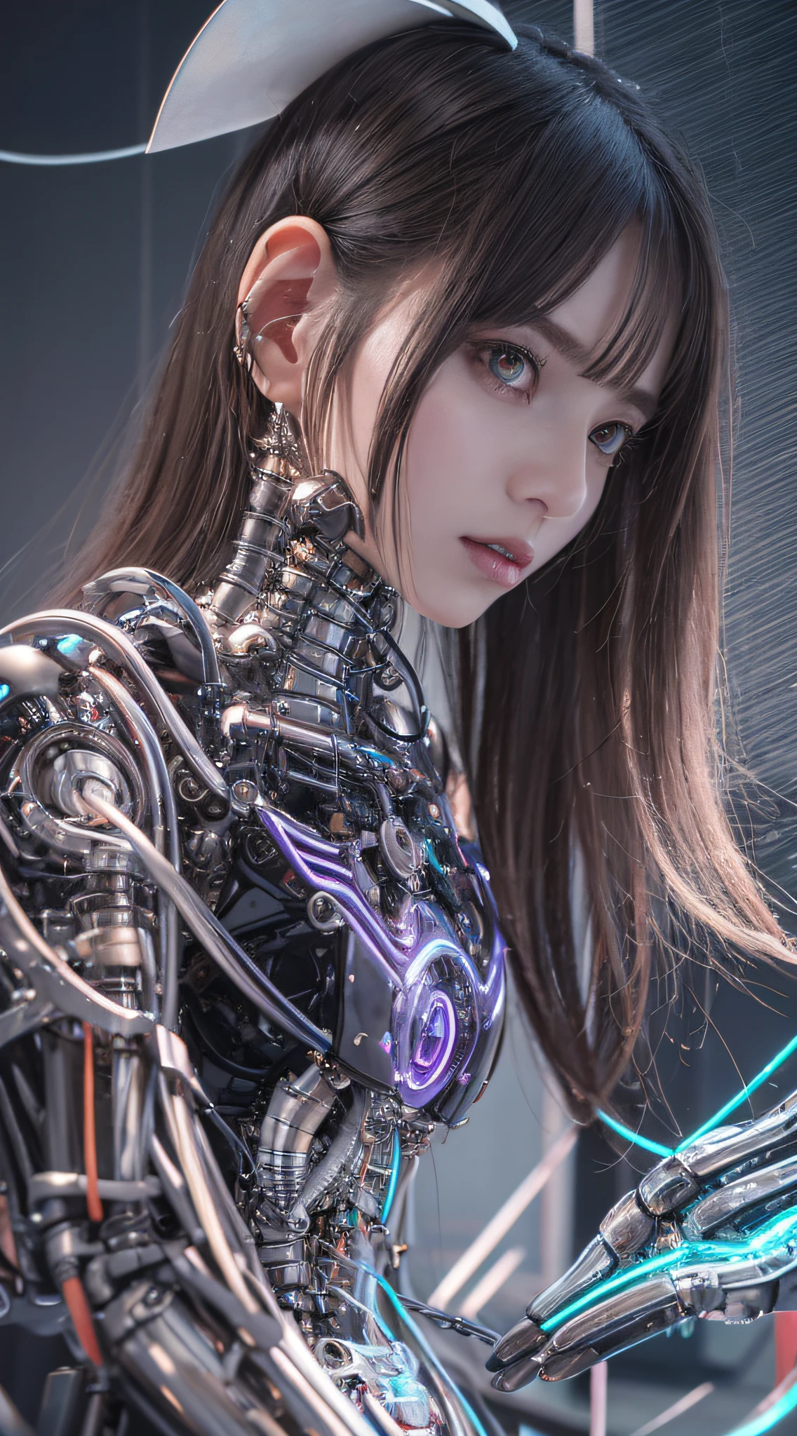 1 Mechanical Girl、((super realistic details))、portlate、globalillumination、Shadow、octan render、8K、ultrasharp、metals、Details of complex ornaments、cold color、Gothloli details、highly intricate detail、Realistic light、CGSoation Trends、a purple eye、radiant eyes、Facing the camera、neon details、Mechanical limbs、blood vessels connected to tubes、Mechanical vertebrae attached to the back、mechanical cervical attaching to neck、sitting on、Wires and cables connecting to the head、The background is a cyberpunk space、