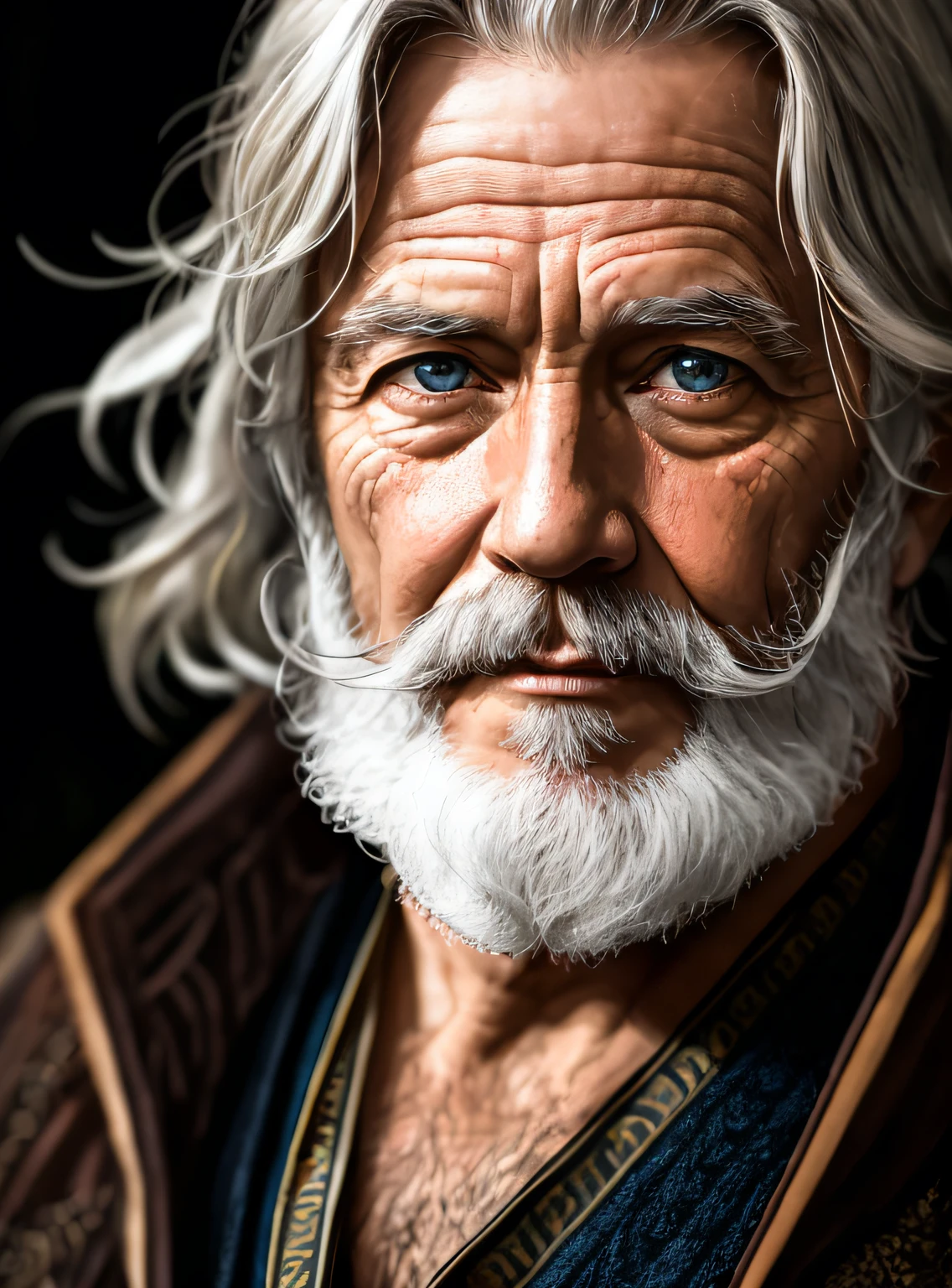 A portrait of a wizard, bearded, wrinkled, weathered, with piercing eyes, detailed face, high details, photography, dark studio, rim light, Nikon D850, 50mm, f/1.4