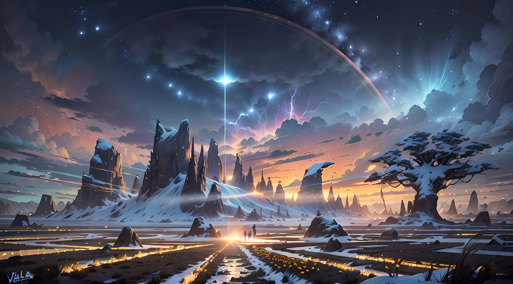 ((obra-prima, melhor qualidade, ultra-detalhado, alta resolução)) Fotografia de paisagem expansiva, (Veja abaixo.), Above is the sky, Below is an open field), (Lua Cheia: 1.2), (Meteoro: 0.9), (Nebulosa: 1.3), montanha distante, tree BREAK making art, (Fonte de luz quente: 1.2), (Vagalume: 1.2), luzes, Muito roxo e laranja, detalhe complicado, Volume Lighting, Realismo BREAK (Obra-prima: 1.2),  (melhor qualidade), Ultra-detalhado, RAWExtremely detalhado, Detalhes coloridos, (rainbow colors: 1.2), (bright illumination, Atmospheric Illumination), Dreamlike, Magical, 4k